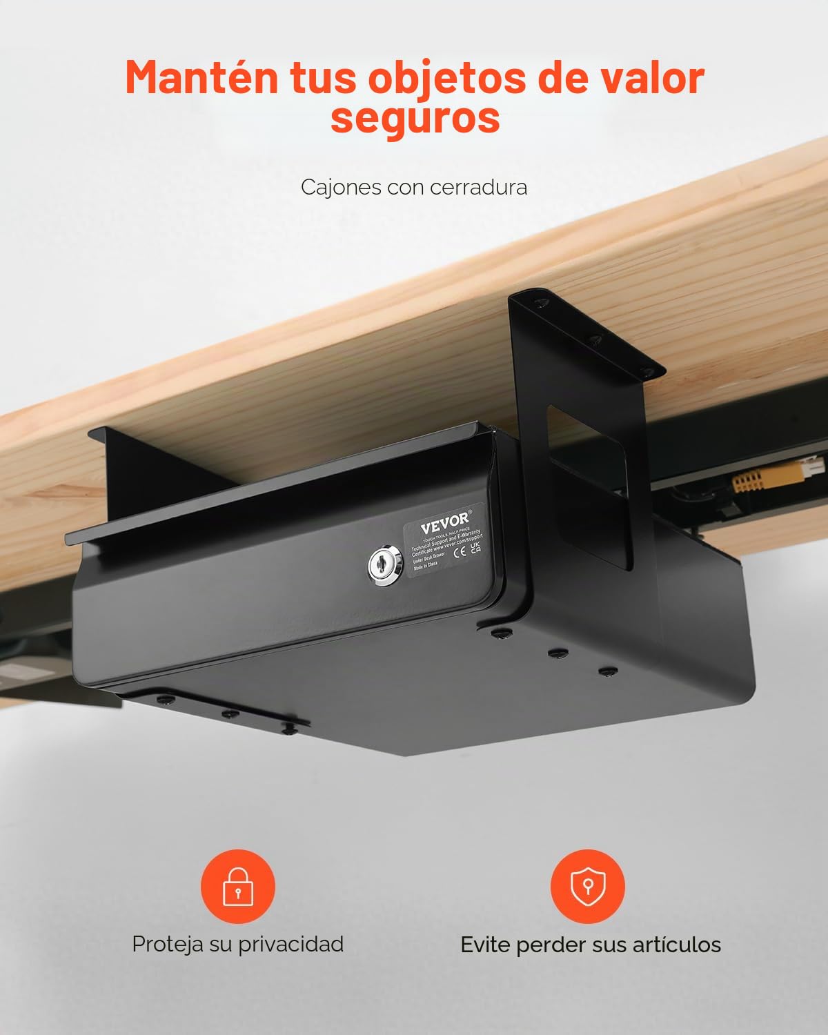 VEVOR Cajón Deslizable Debajo del Escritorio con Cerradura, Organizador de Almacenamiento Oculto, 365 x 335 x 185 mm