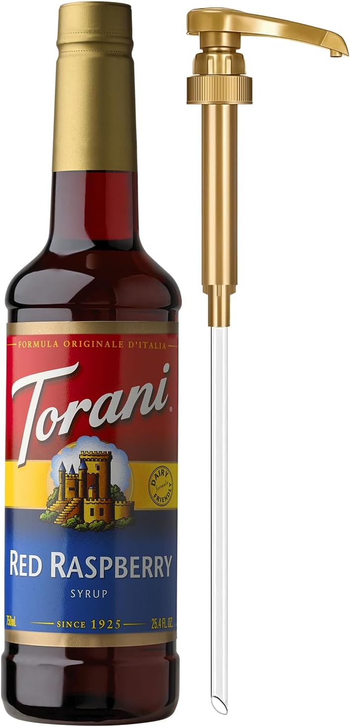 Red Raspberry Syrup for Drinks, Flavoring for Iced Tea, Sodas, Cocktails, and Milk Shakes, Pump Included, 25.4 Oz