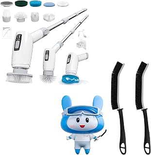 Electric Spin Scrubber and Crevice Cleaning Brushes Kit - Cordless Power Scrubber with 9 Brush Heads, 3 Speeds, Extension Handle & Tight Space Scrubber for Shower, Bathtub, Tile, Kitchen, Window Track