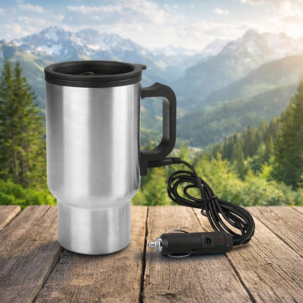 D RAJ Travel Outdoor Electric Mug 12 V Car Charging Electric Kettle Travel Coffee Mug Cup Heated Thermos 450 Ml/Keeps Drinks Warm – Ideal for coffee, tea, milk, soup, or hot water