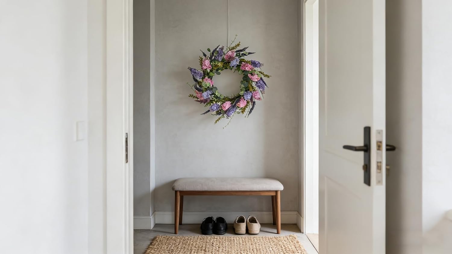 Spring Wreaths for Front Door with Lavender and Lilac, 20 Inch Outdoor Summer Wreath, Farmhouse Indoor Decor, Purple Floral Wreath for Wedding Home Wall Window Porch