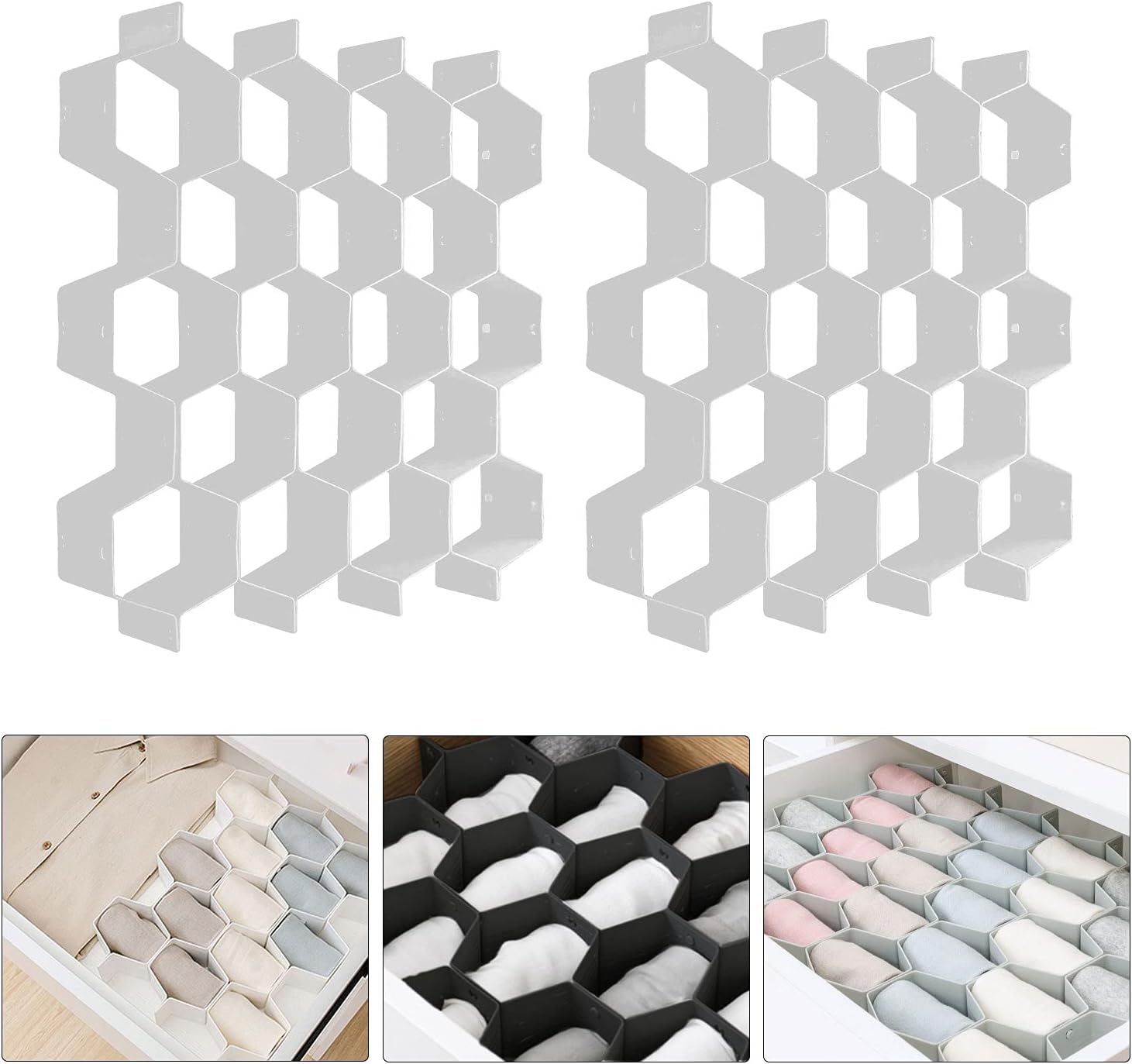 16Pieces Underwear Drawer Organizer, Sock Drawer Organizer, Adjustable Honeycomb Drawer Organizer for Bras, Ties, Belts, Scarves(Gray)