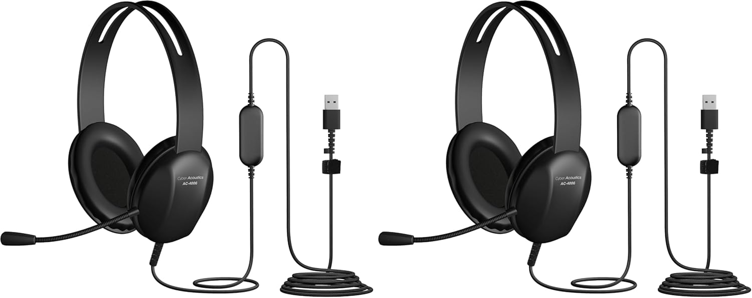 Cyber Acoustics USB-A Stereo Headset (AC-4006) - Durable, Crisp, and Clear Communication in K-12 Classrooms or Home, Made with 60 Percent Recycled Plastic (Pack of 2)
