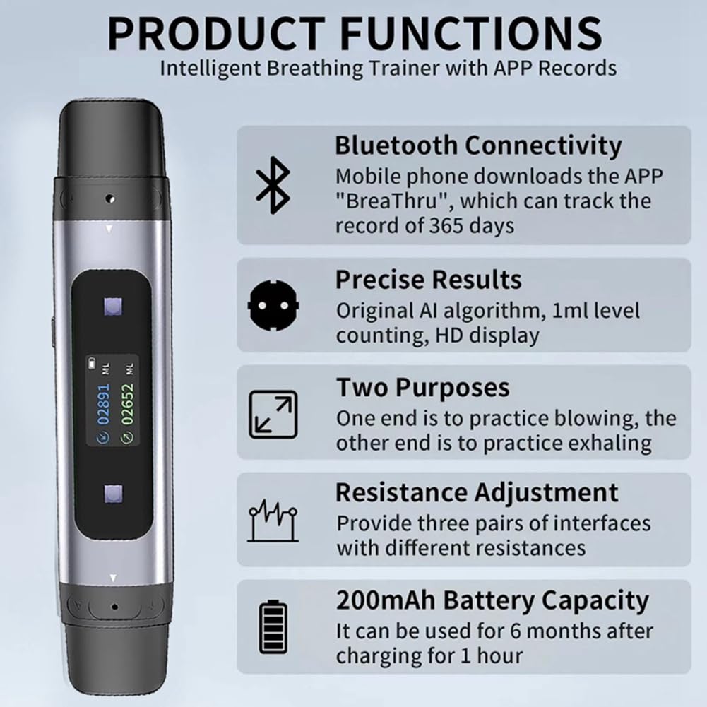 Espirómetro Bluetooth para Teléfono Móvil con Grabación de Datos, Equipo de Resistencia, Adecuado para el Entrenamiento de Respiración Pulmonar en Niños y Adultos.