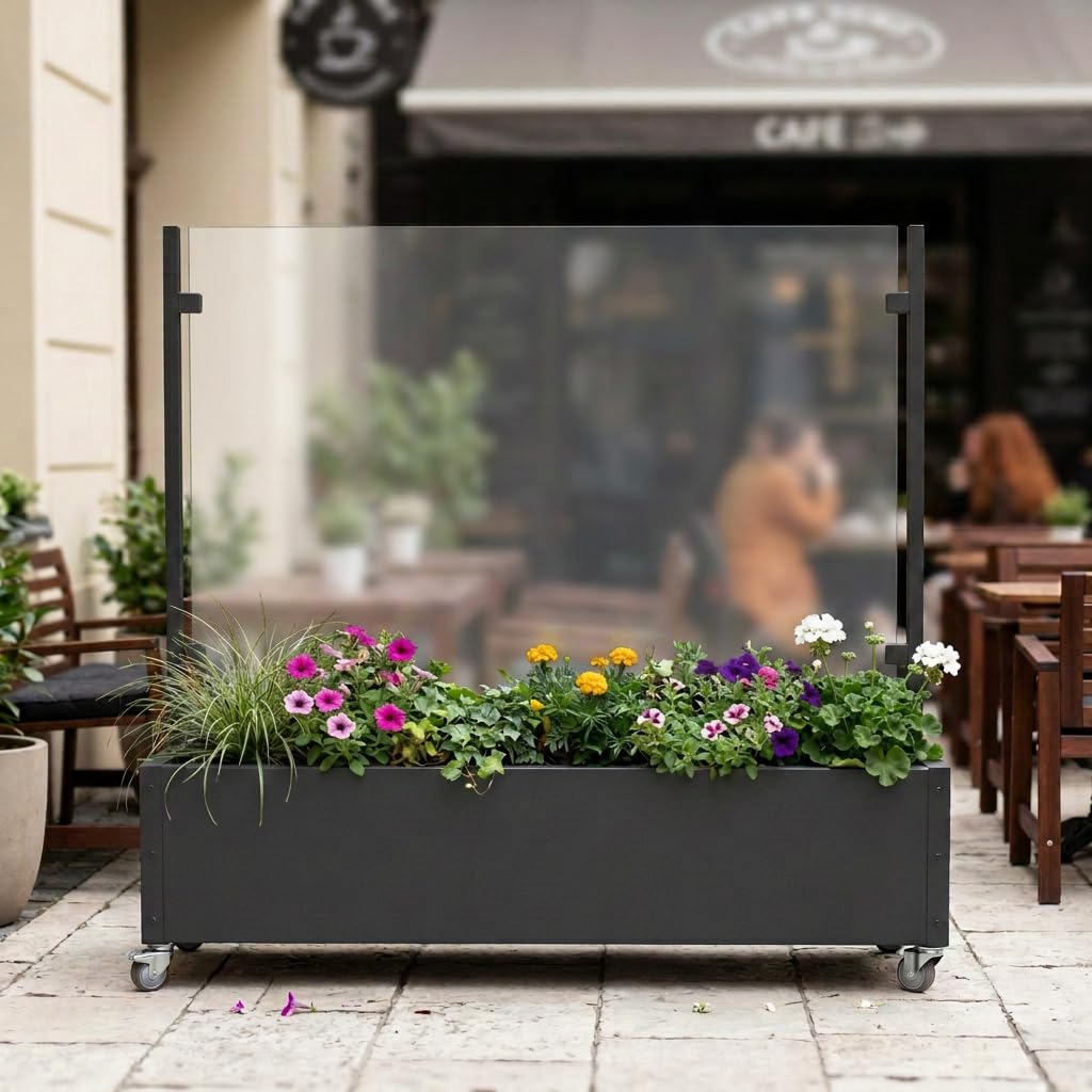 Windschutz mit Pflanzkasten 196 cm mobil mit 4 Rollen – Glas Sichtschutz Terrasse Balkon Garten – Aluminium anthrazit – wetterfest & UV-beständig – moderner Raumteiler Outdoor (Scheibe satiniert)