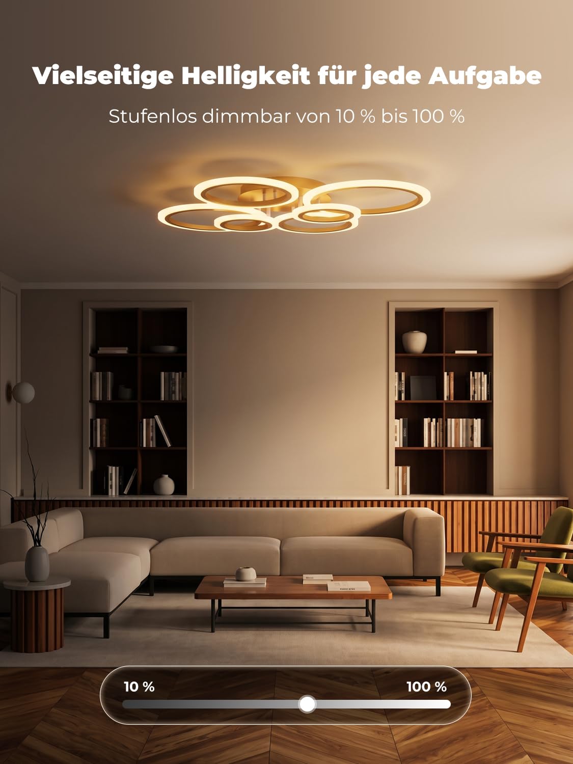 LED Deckenleuchte Dimmbar, Smarte Deckenlampe mit Fernbedienung & App, Kompatibel mit Alexa, Modernes 6 Ringe Design, 3000K-6500K CCT für Wohnzimmer, Schlafzimmer, Gold