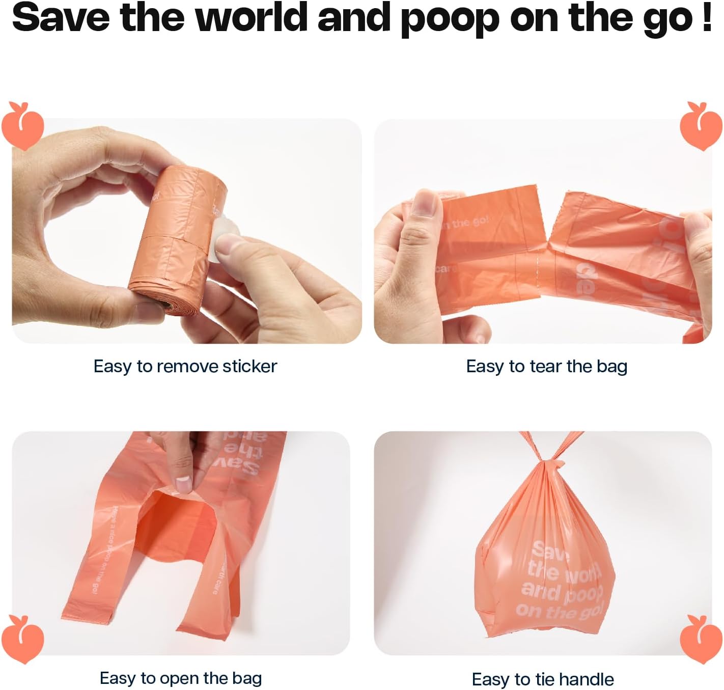 Deo Doo Dog Poop Bags with Handles 60 Rolls 720 Counts Big Sizes Leak Proof and Extra Thick Waste Bags Refill Rolls for Walking Small Medium Large Dogs Cats Litter With 2 Dispensers Peach Scented