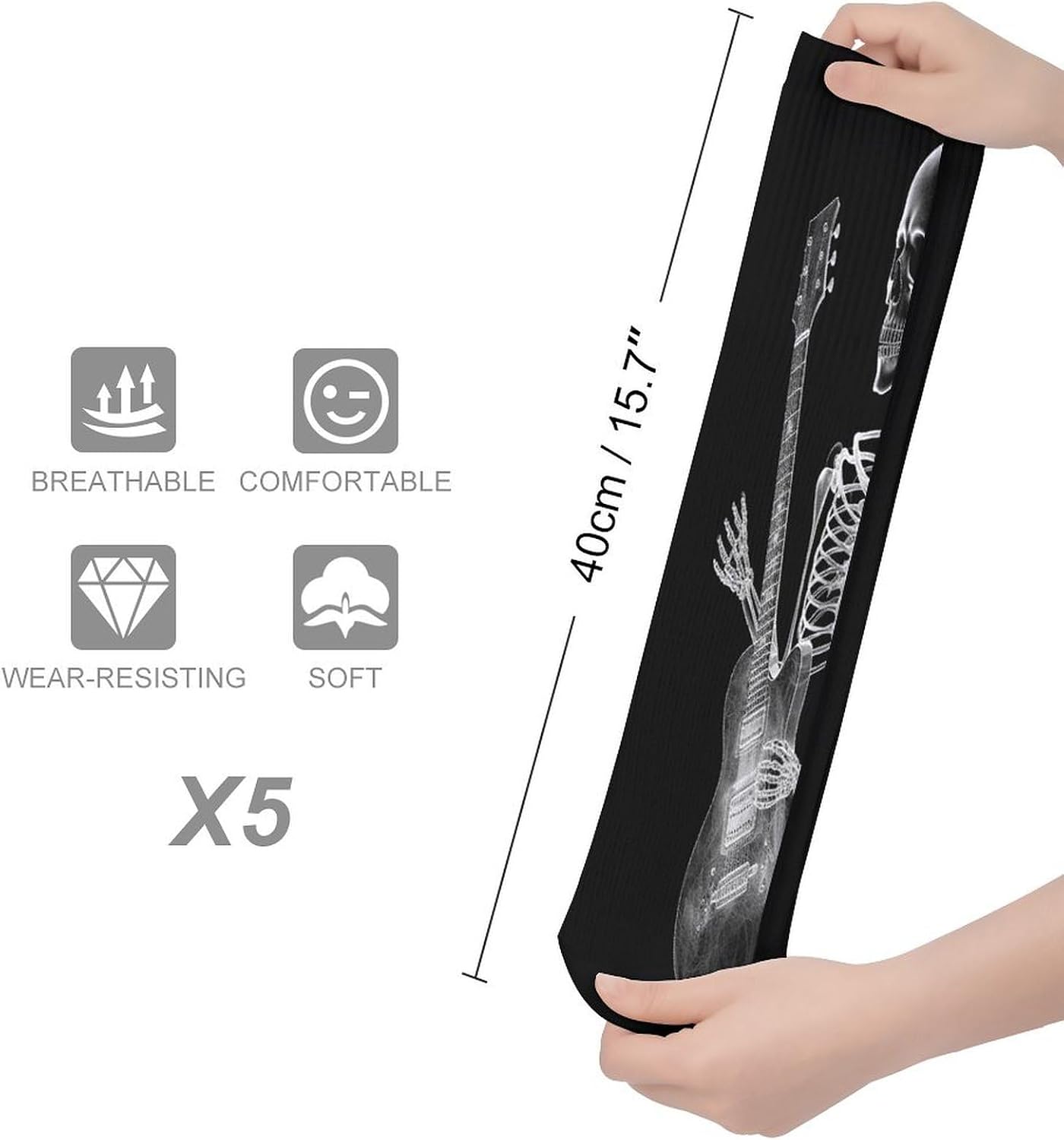 Abstract X-ray Skull Skeleton Playing Guitar Knee High Socks Cozy Knee High Socks Soft Mid-Length Sock for All Seasons Daily Wear Adult