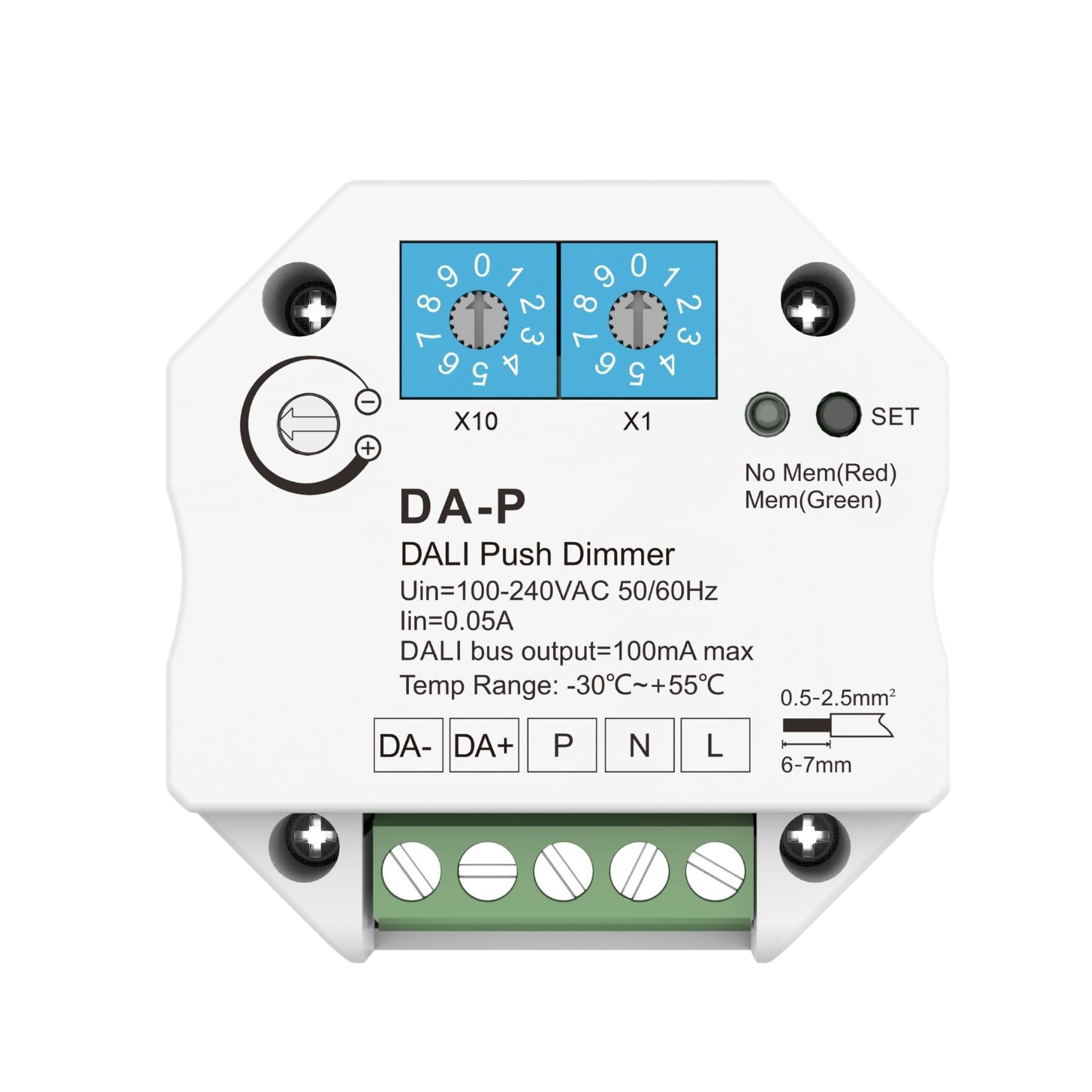 Dimmer Push DALI Master compact DA-P, alimentation bus 16 V CC 100 mA intégrée, entrée 220 V, unité de commande pour driver et ballast DALI2, contrôle avec bouton mémoire, unidirectionnel et diffusion