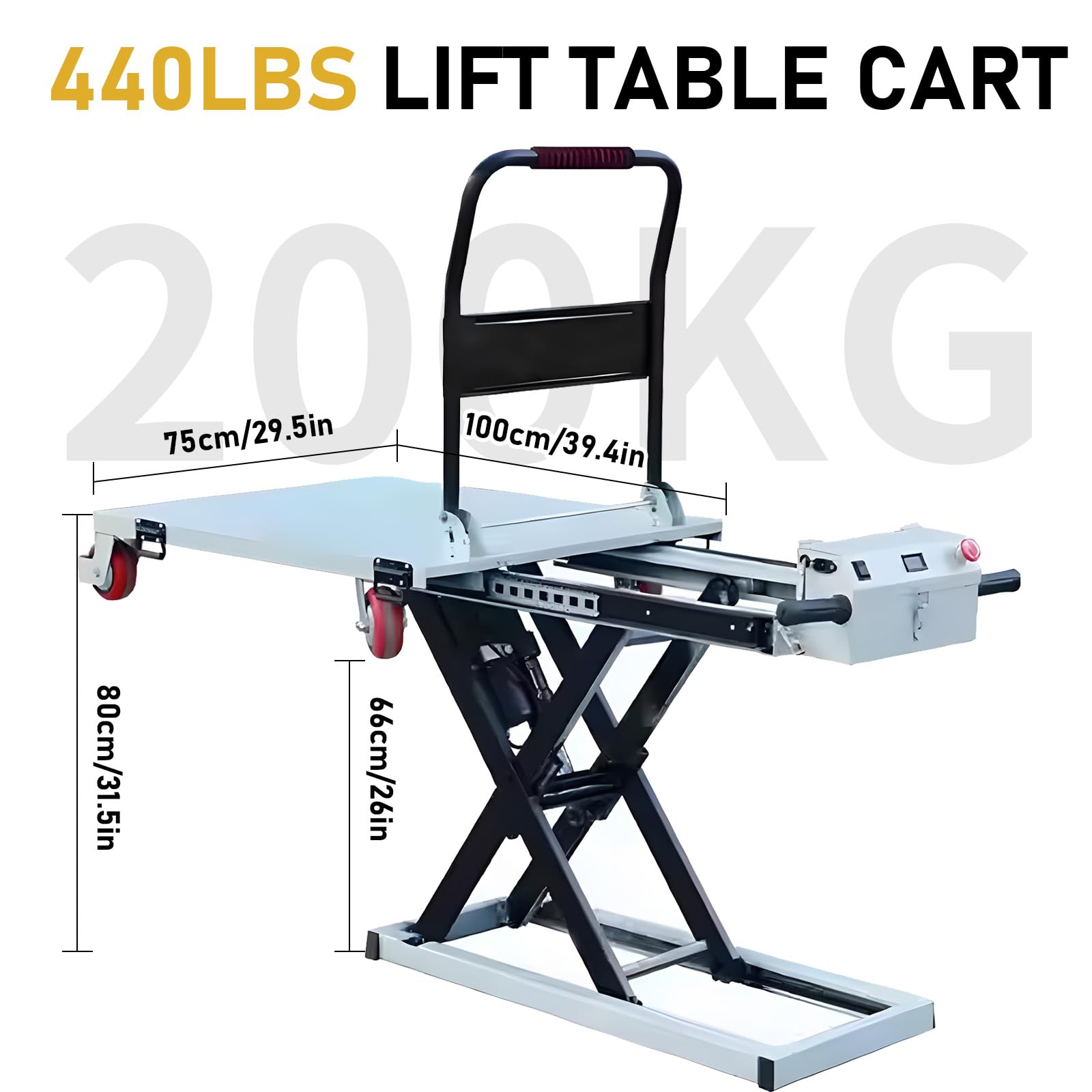 Carrello elettrico idraulico a forbice da 200 kg, altezza massima di sollevamento 80 cm, carrello piatto portatile per magazzino, officina e logistica, design compatto e resistente