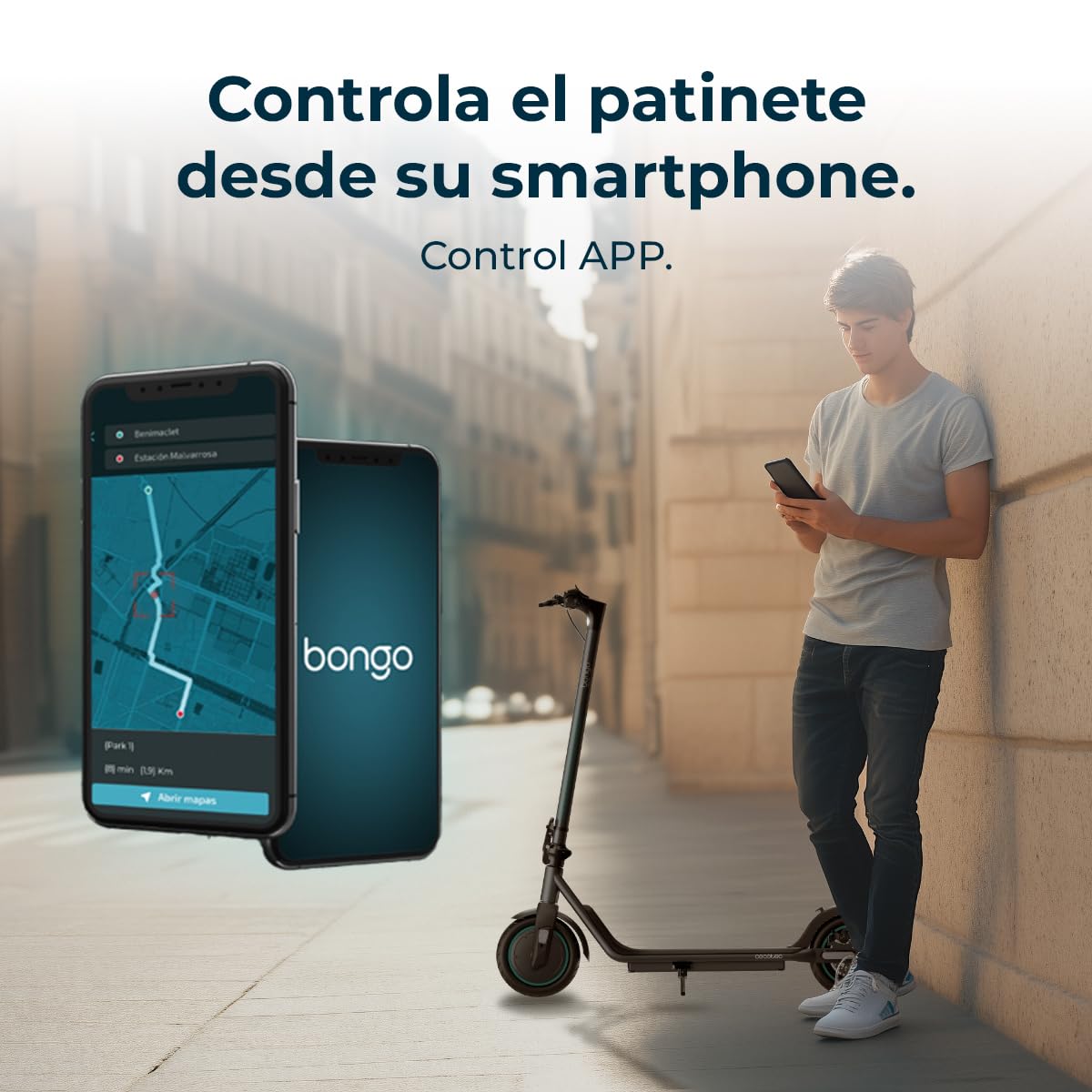 Cecotec Patinete Eléctrico Homologado con App y Acople para Teléfono Bongo D20E Connected, Potencia MAX 500 W, hasta 20km Autonomía, Disco Freno Trasero y E-ABS, Ligero 12,2Kg, Batería 5200mAh, 36V