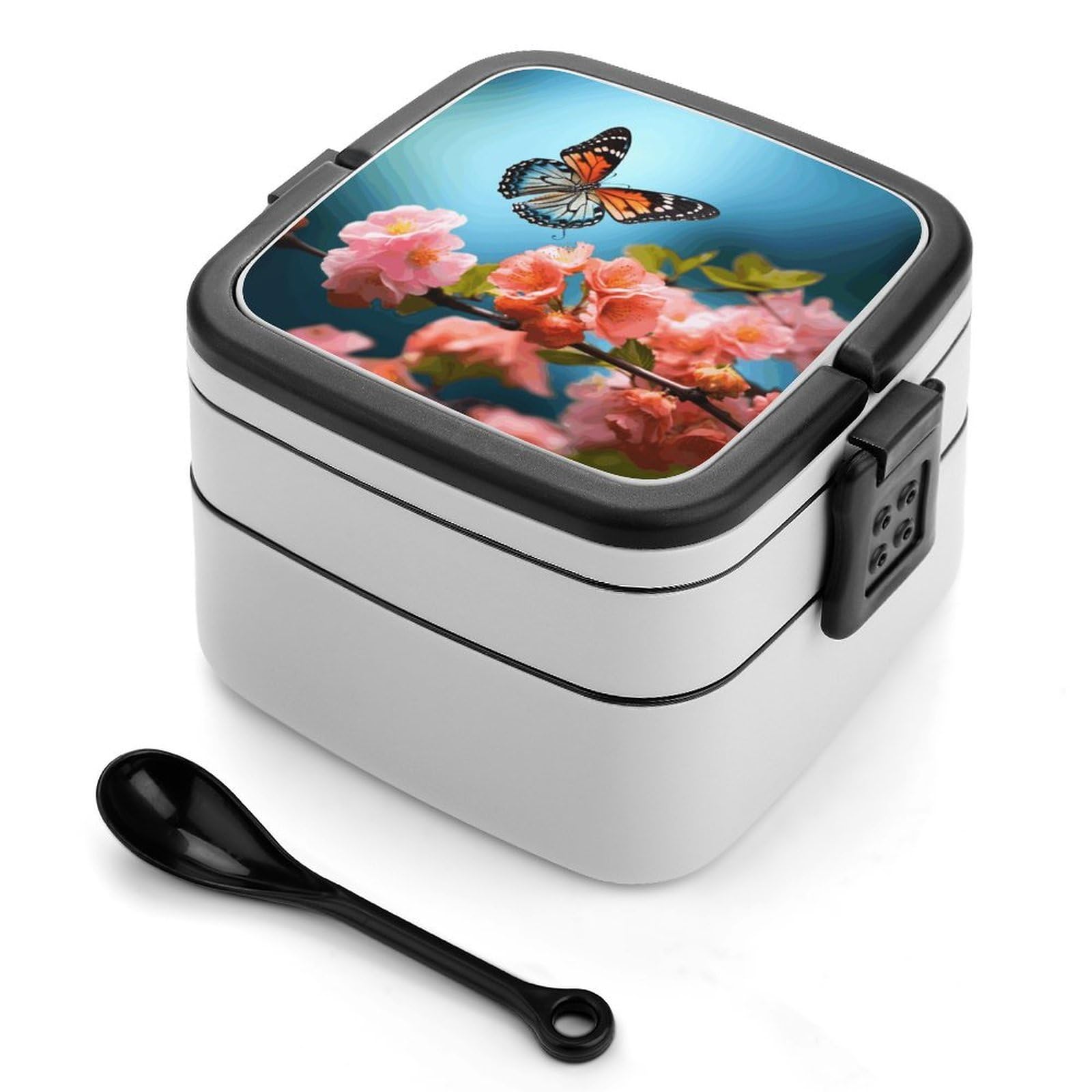 JTREHY Butterfly With Flowers Lunch Box Double-Layer Portable Lunch Container Stackable Large Capacity Leakproof Bento Box for Dining Out Work Picnics Travel