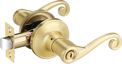 1 Pack Gold Door Handle, Wave Style Privacy Door Lever(Thumb Turn Inside Lock) for Bedroom Bathroom, Keyless Interior Lever with Satin Brass Finish,