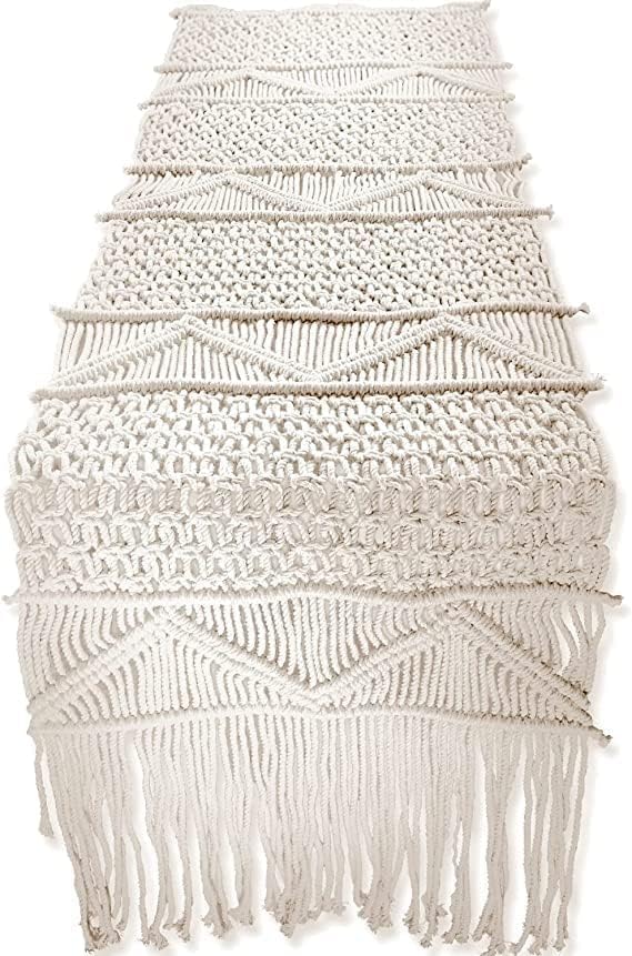 LOVE N BEYOND Macrame Cotton Handwoven Table Runner Ivory, Long Mat for Home Dining Heat Resistant, Wedding Boho Vintage Rustic Bohemian Style Home Decor