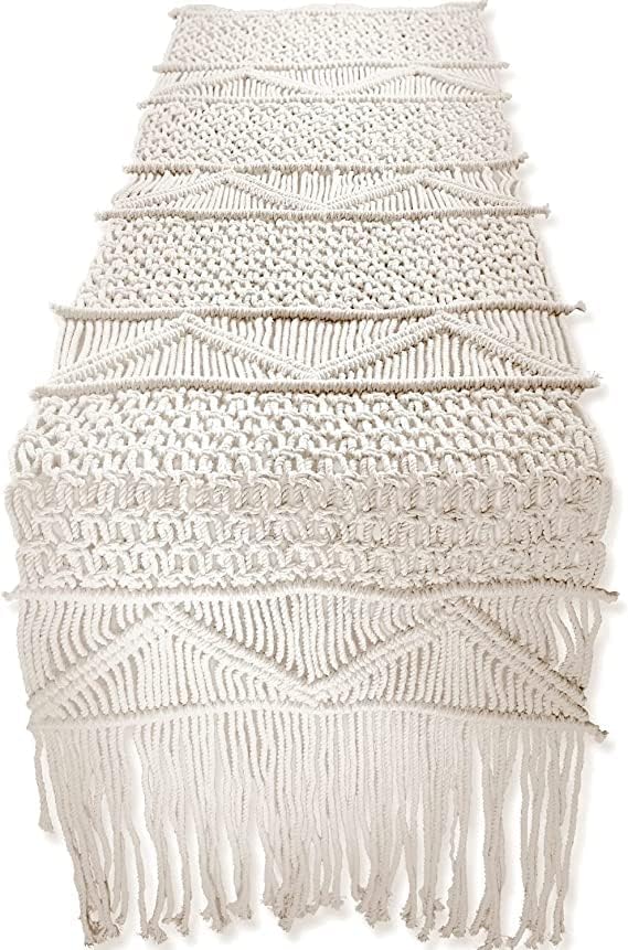LOVE N BEYOND Macrame Cotton Handwoven Table Runner Ivory, Long Mat for Home Dining Heat Resistant, Wedding Boho Vintage Rustic Bohemian Style Home Decor