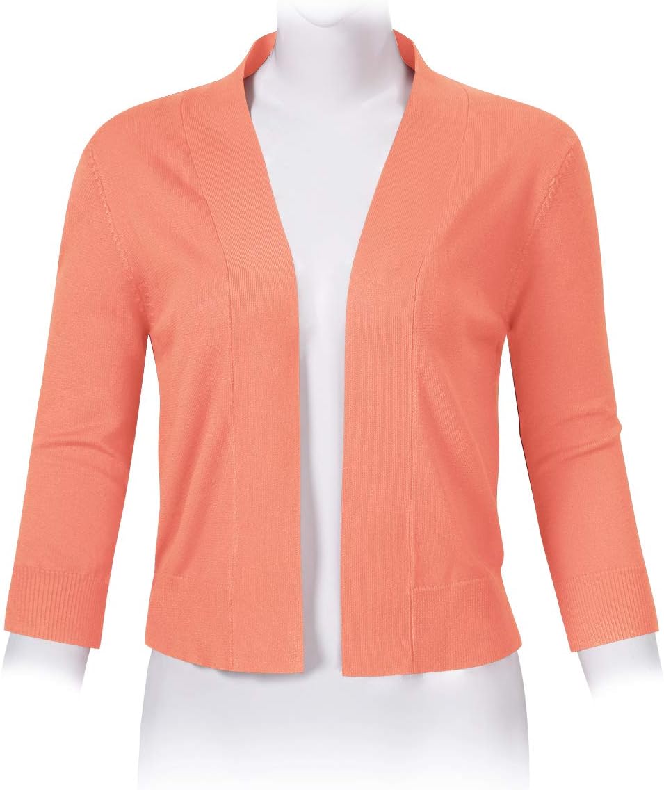 GloryStar Women's 3/4 Sleeve Open Front Cropped Cardigan Sweater Lightweight Knit Short Shrugs (S, Baby Peach) - Image 2