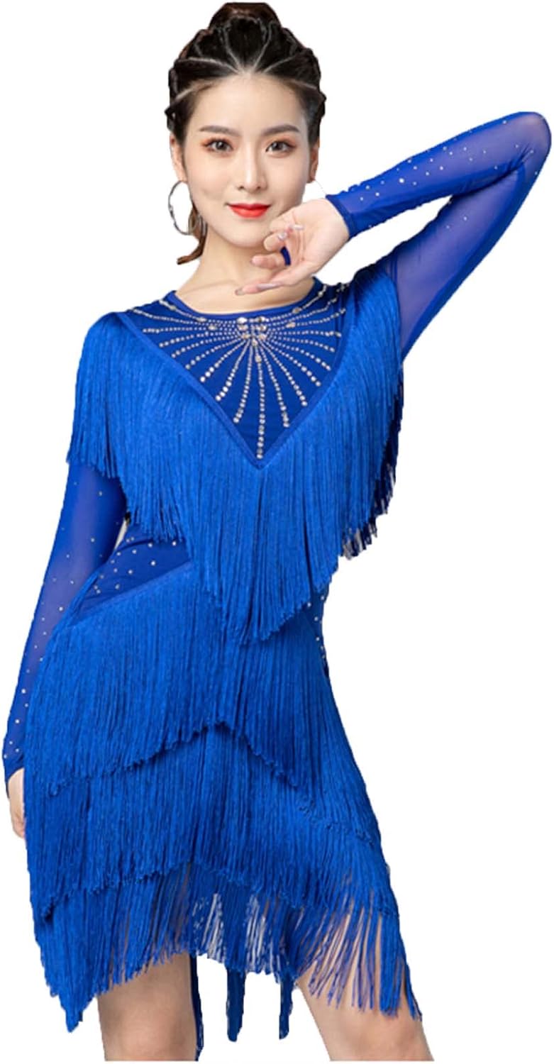 Fringe Salsa Cha Cha Dancewear Women's Latin Performance Dance Dresses Long Sleeves Tango Ballroom Costumes