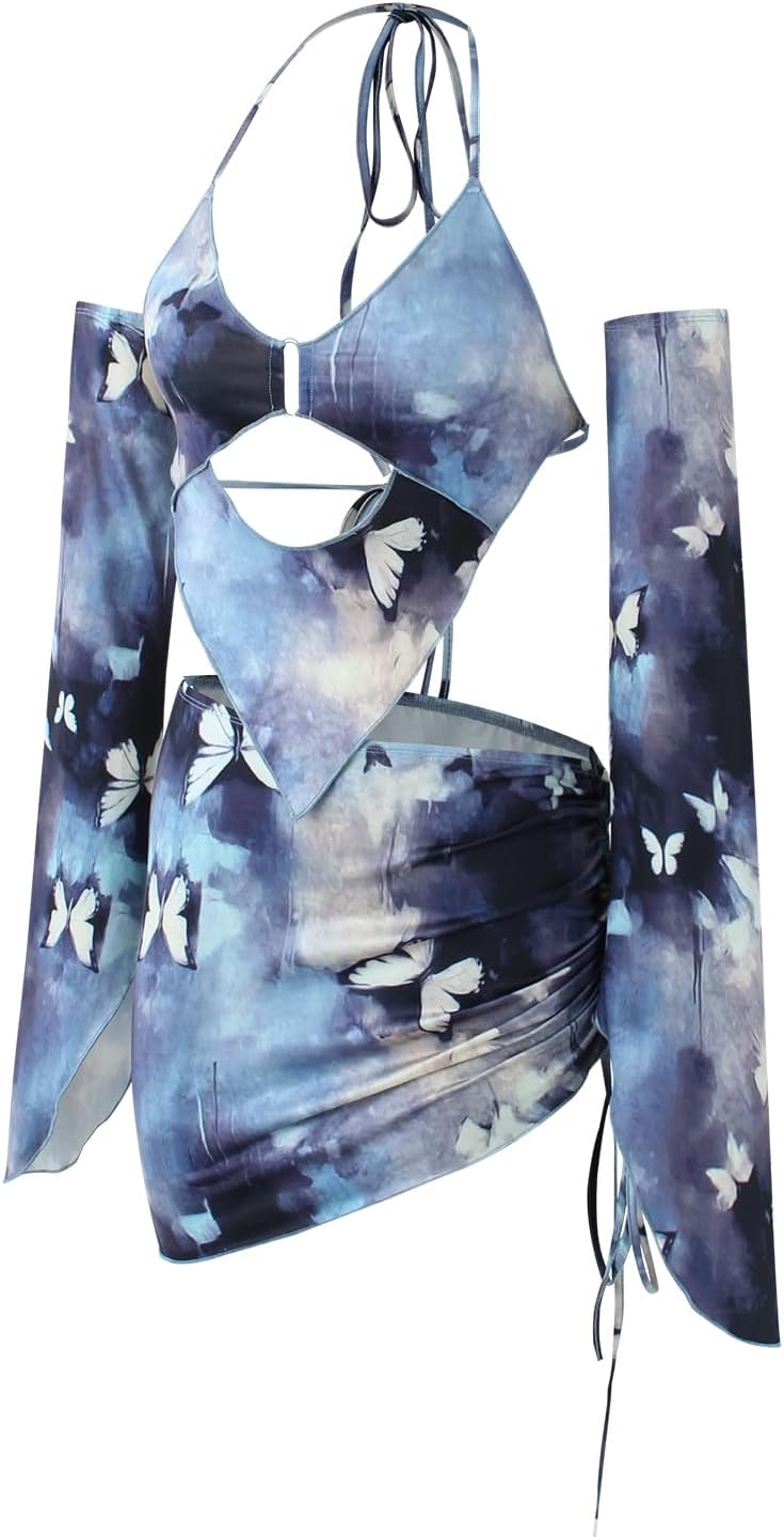 CAPE CLIQUE Rave Outfits for Womens Festival Sexy Y2K 2 Piece Outfits Summer Long Sleeves Birthday Party Clubwear