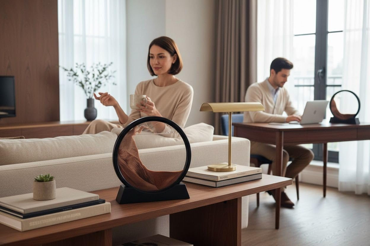 SagVir Moving Sand Art Picture, 3D Dynamic Blue Liquid Glass Landscape with Round Black Frame and Stand, Desktop Decorative Showpiece, Antique Gift Item (Coffee)