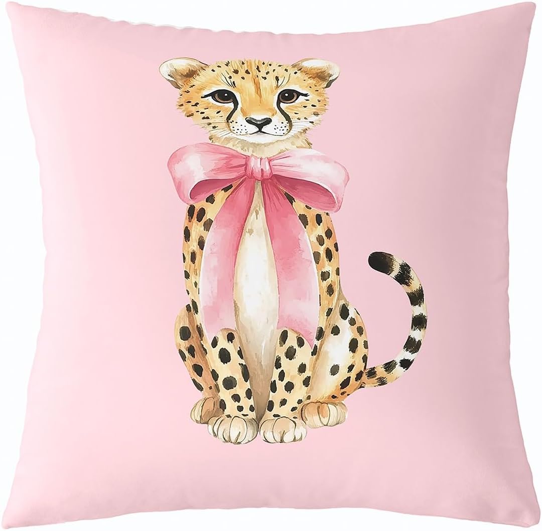 Cute Cheetah Throw Pillow Cover,Pink Girls Bowknot Cushion Cover 24"x24" for Boys Teens,African Leopard Safari Animals Pillowcase for Car RV,Carton Animals Themed Pillow Cover,Single Pack