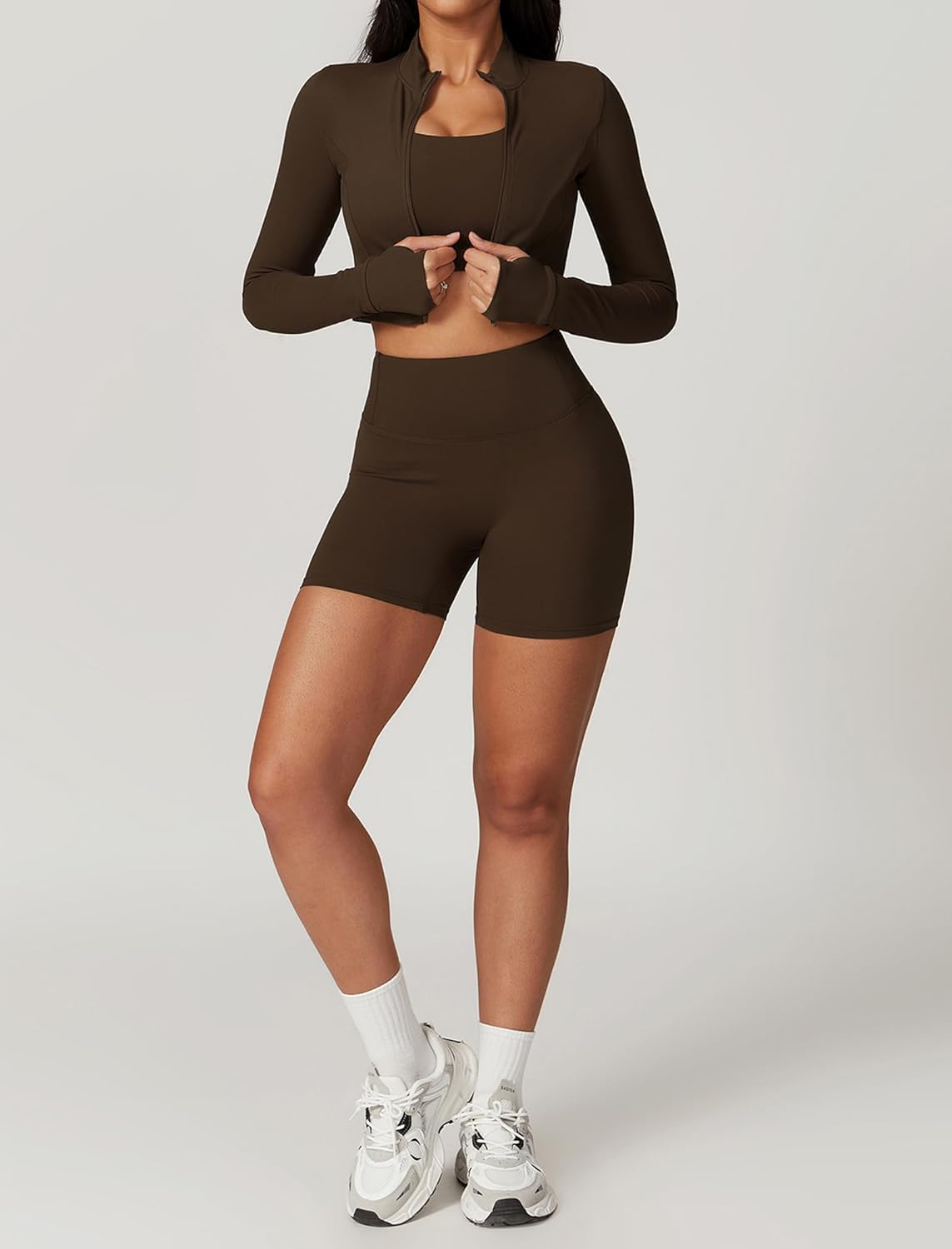 Workout Sets for Women 3 Piece High Waisted Seamless Shorts Crop Top Jacket Gym Yoga Outfit Stretchy Sports Bra Sets - Image 5