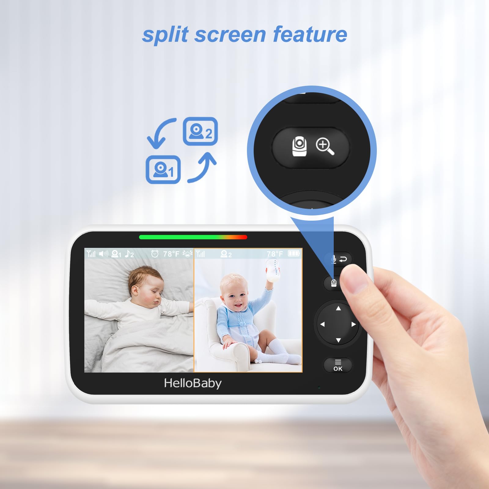HelloBaby Monitor video baby monitor 5 pollici split-screen con doppia telecamera, telecamere, telecamere, visione notturna e monitoraggio della temperatura, modalità ECO, conversazione bidirezionale