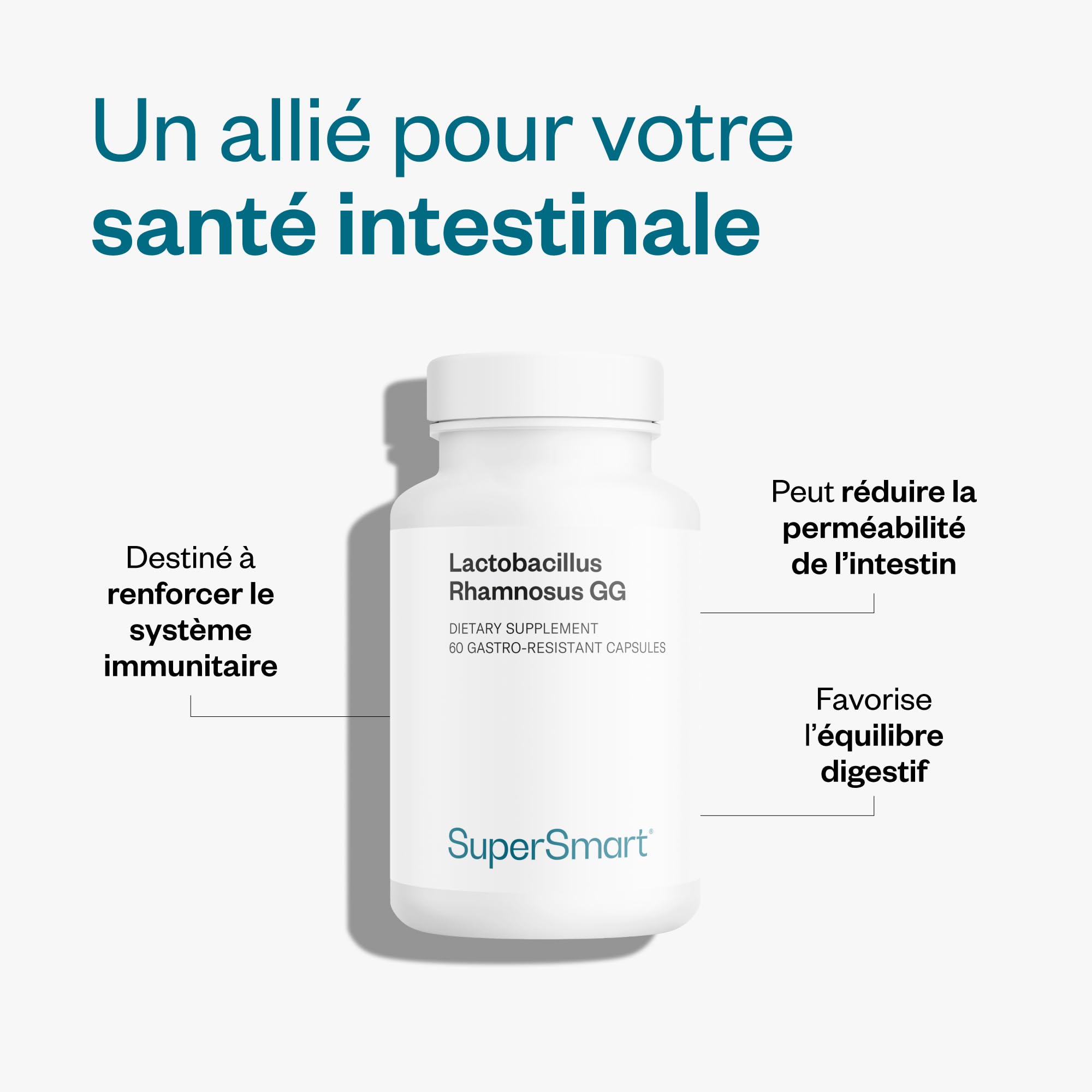 Lactobacillus Rhamnosus GG - Probiotique - Equilibre Microbiote et Flore intestinale - Booste le système immunitaire - Stimule la production des Lactobacillus - 60 gélules - Vegan - Supersmart