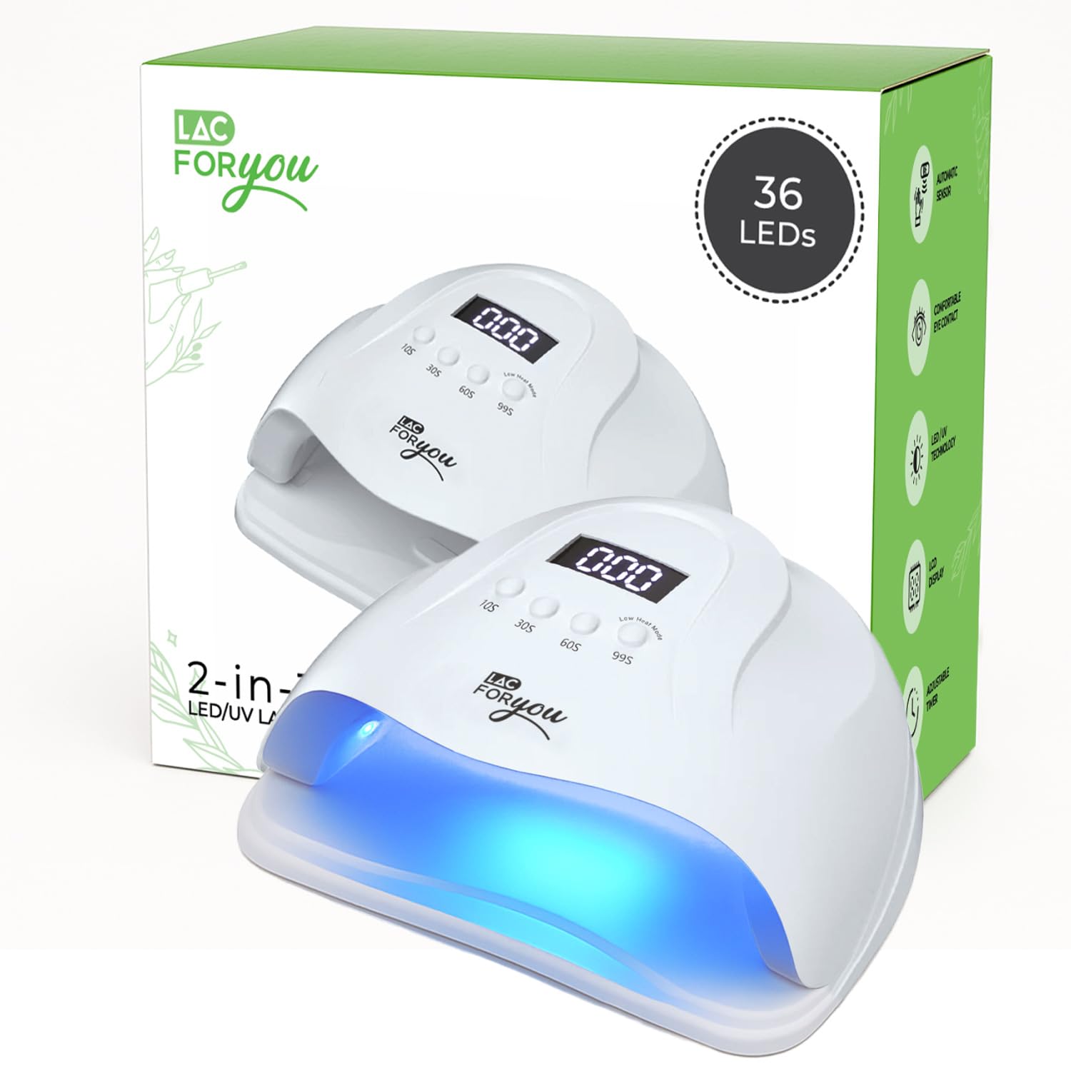 LAC FOR YOU UV Lampe für Gelnägel 36 LED – Mini UV Nagellampe 365/405 nm, 4 Timer Low, LCD-Display, Abnehmbare Basis – Trocknung Gel & Halbpermanent