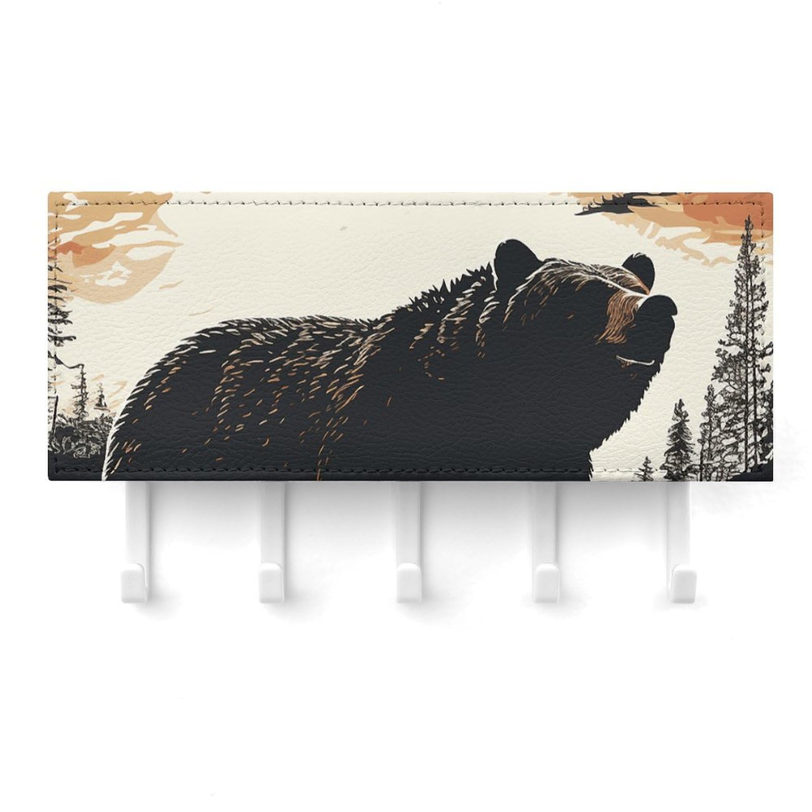 Fekiloot White Bear Silhouette Key Holder For Wall Adhesive, No Drilling, Key Hooks With 5 Hooks Wall Mounted, Self Adhesive Keys Rack For Entryway, Hallway, Living Room, Kitchen, Office