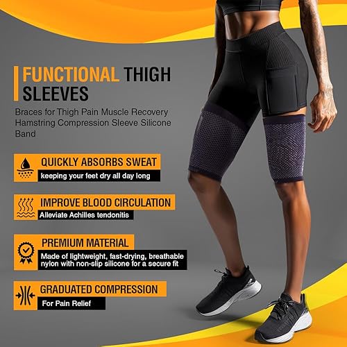 Miniatura 5 de Doc Miller Manga de compresión para muslos para hombres y mujeres, 1 par, envoltura de compresión cuádruple y muslo, tirantes para recuperación
