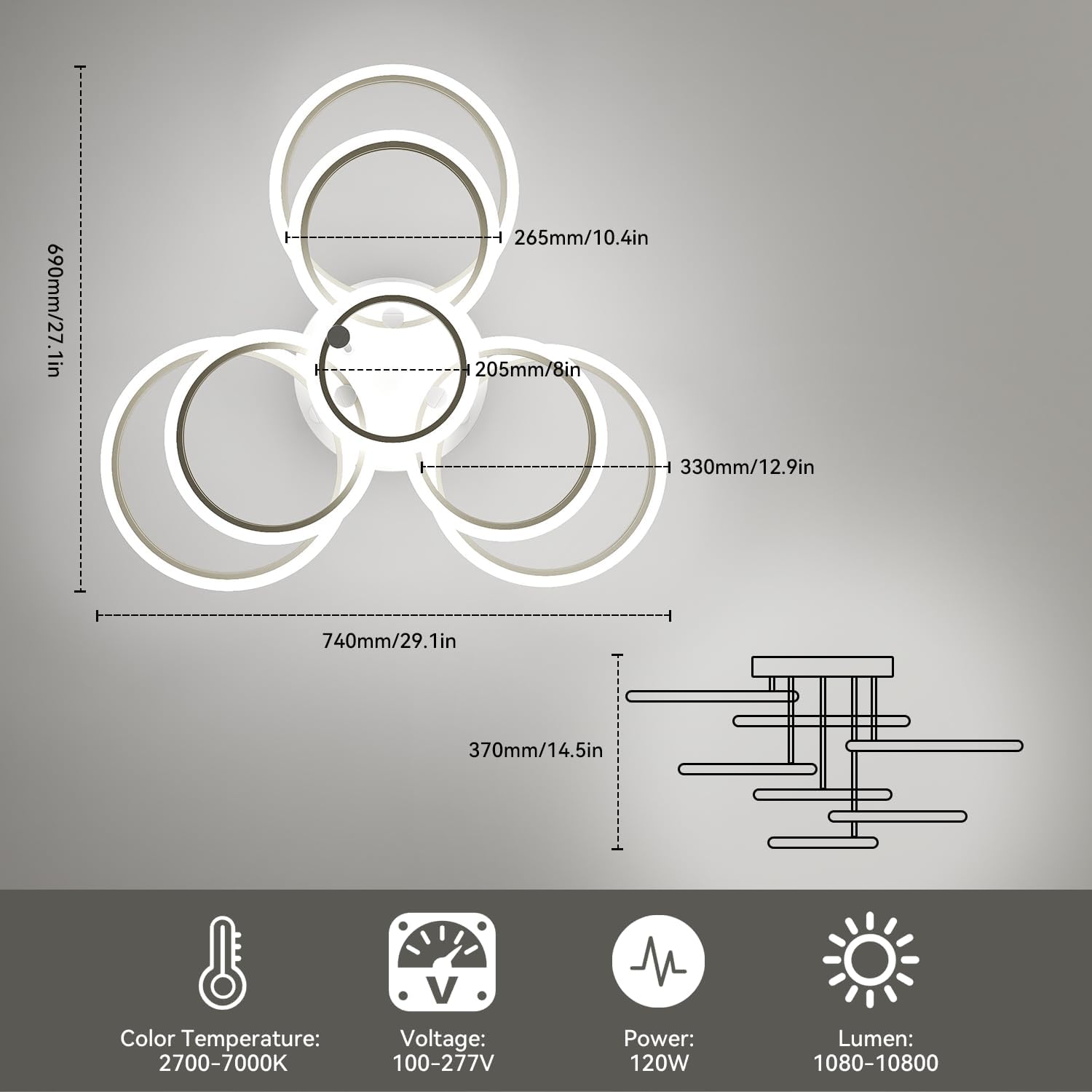 OUQI 120W 7 Ring LED Ceiling Light, 2800K-7000K Flush Mount Ceiling Light Fixture with Remote, 10800LM LED Chandelier, Dimmable Living Room Light Fixture for Living Room, Dining Room, Bedroom