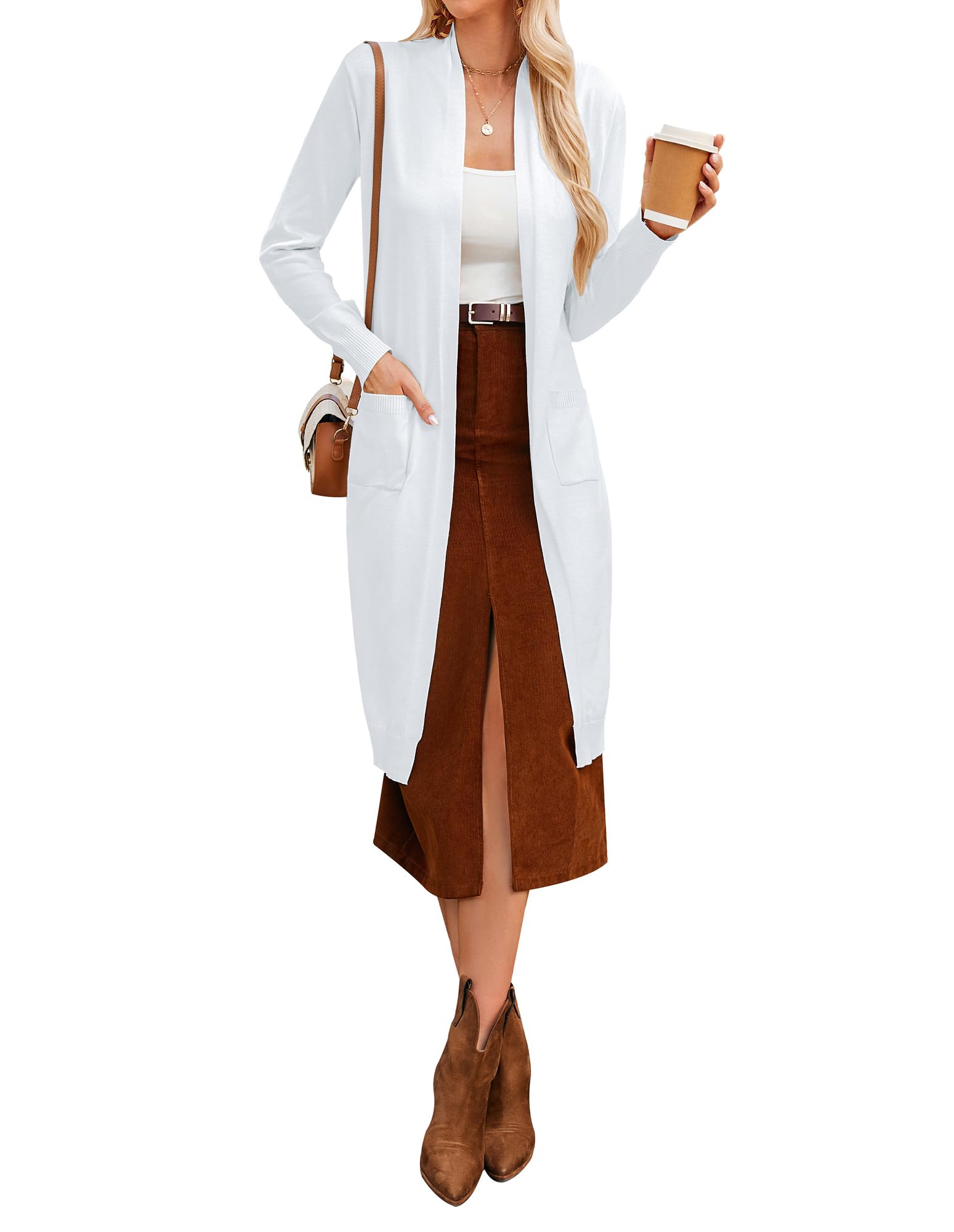 GRACE KARIN Damen Strickjacke Lang Langarm Casual Cardigan Open Front | Langarm,Offene Vorderseite,Zwei aufgesetzte Taschen vorne,Hochelastisch,Weiches und bequemes Strickmaterial