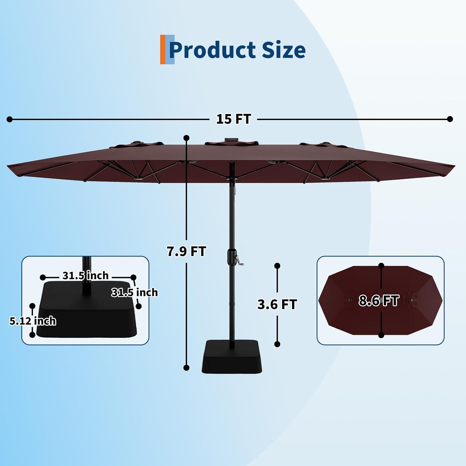 Diagram showing the dimensions of the 15 ft rectangular patio umbrella, including canopy width, height, and base dimensions.