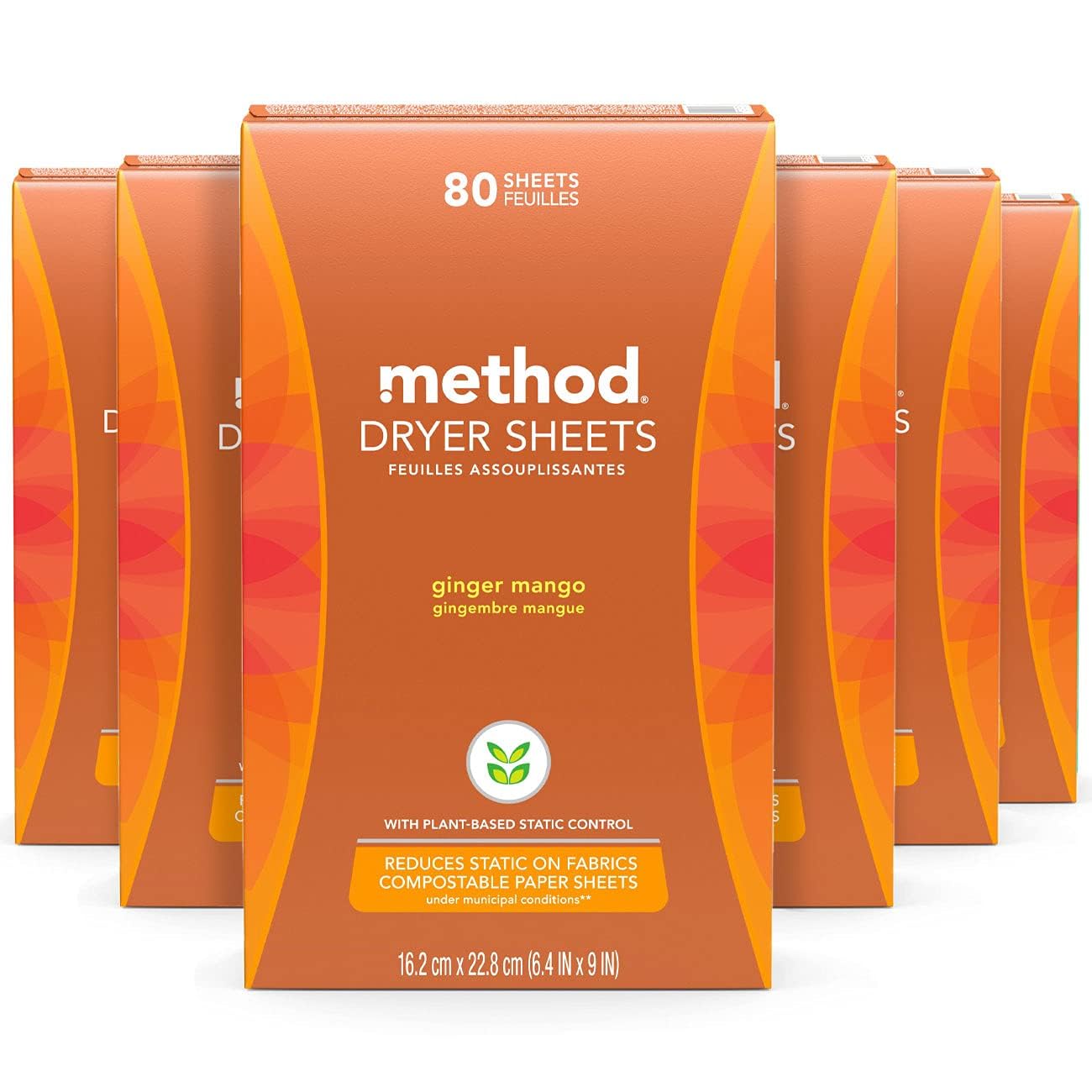 Method Dryer Sheets, Ginger Mango, Fabric Softener and Static Reducer, Compostable and Plant-Based Laundry Essentials, 80 Count (Pack of 6)