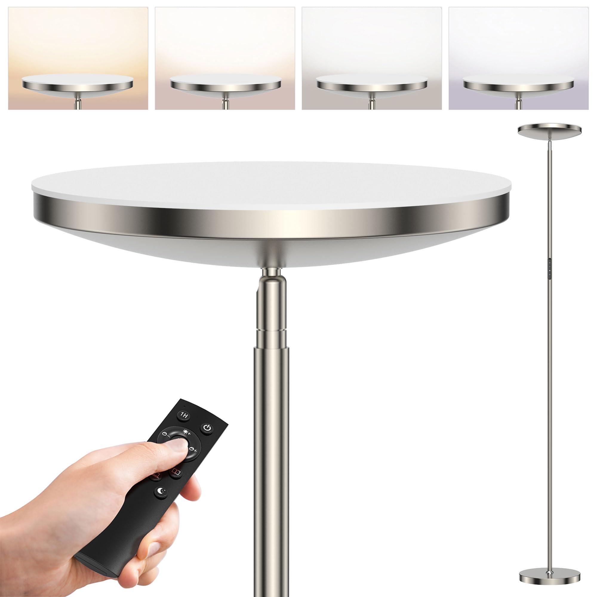 Anten 30W Lampara de Pie LED Níquel, 3330lm Lámpara de Pie Salon con 6 Modos, 3000-6000K Lámpara Pie Regulable con Control Remoto & Táctil & 1H Timer, Lampara Pie Lectura para Dormitorio, Oficina