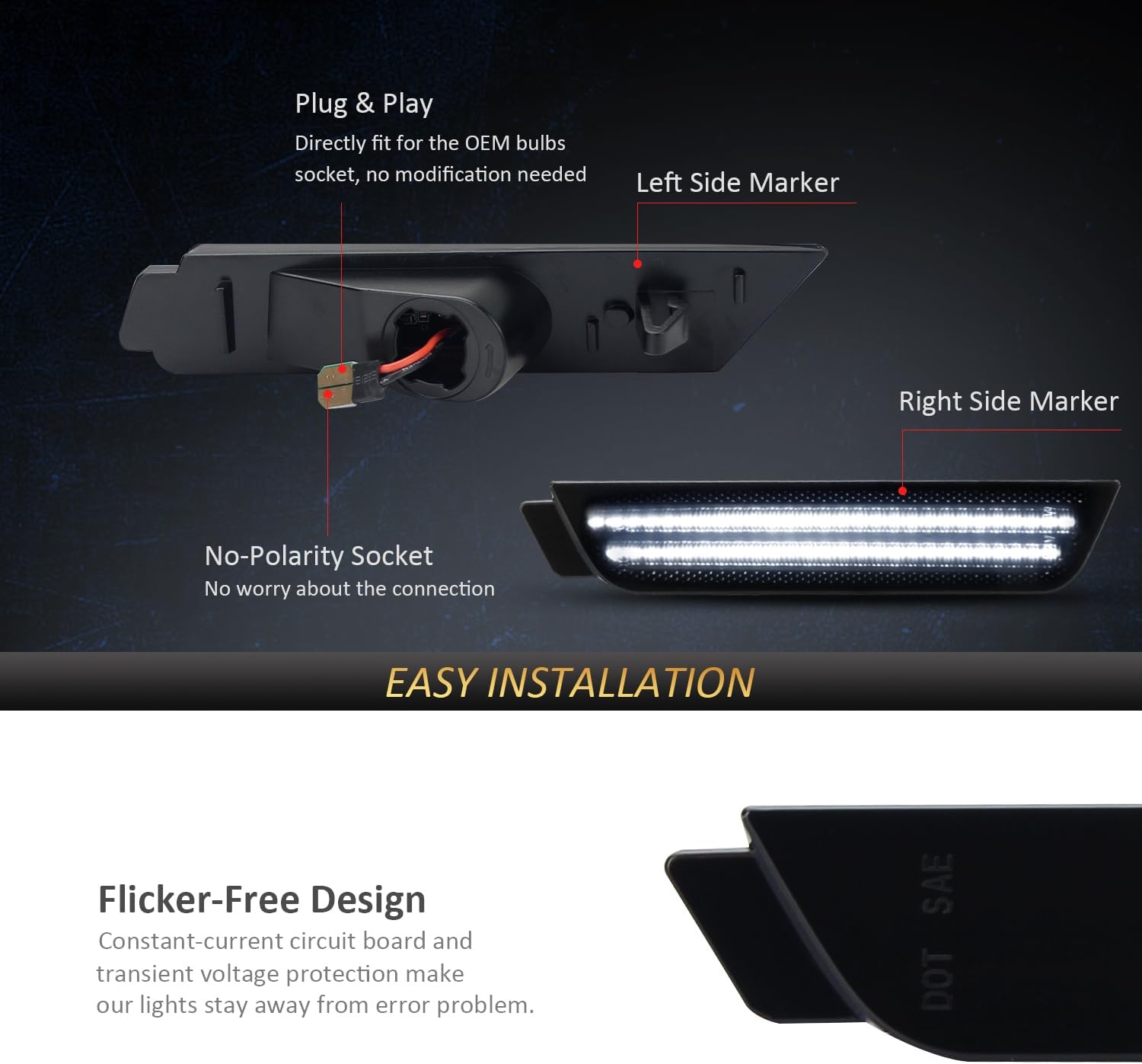 D-Lumina LED Rear Side Marker Lights Smoked Lens for Chevy Camaro 2010 2011 2012 2013 2014 2015, 5th Gen Camaro Front Bumper LED Sidemarker White, Pack of 2