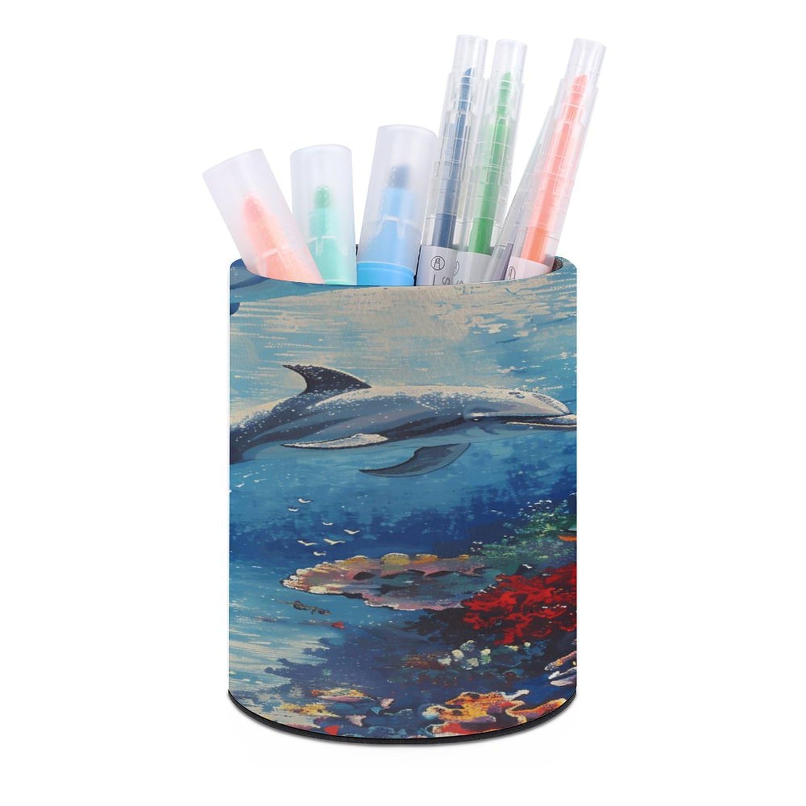 FekiLoot Seabed Coral Fish Dolphins Pen Holder Cup Fashion PU Leather Pencil Cup Minimalist Pen Organizer Round Pencil Holder Stand Work Locker Accessories for Decoration Desk Office Home