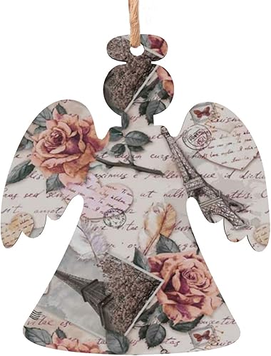 (Flor París Torre Eiffel de París) Impresas Decoraciones Colgantes de Navidad Árbol de Navidad Adornos en Forma de Ángel Decoraciones de Fiesta de