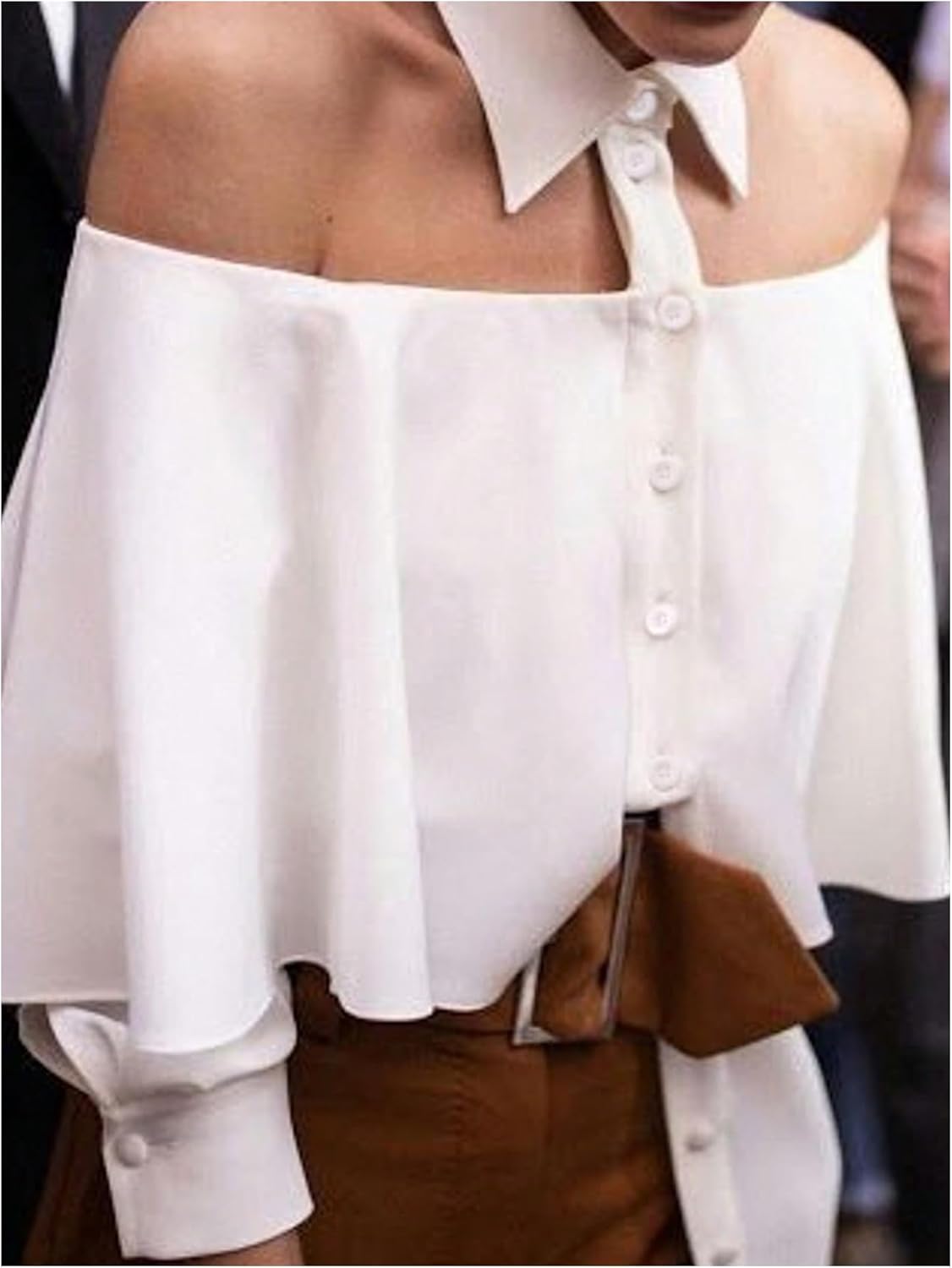 SOLY HUX Women's Off The Shoulder Button Down Shirt Collared 3/4 Sleeve Casual Tops Dressy Blouse - Image 3