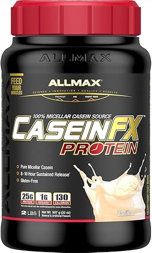 ALLMAX Proteína Casein-FX, vainilla, 2 libras, 0.88 oz de proteína de liberación lenta por cucharada, baja en carbohidratos y cero azúcar añadida,