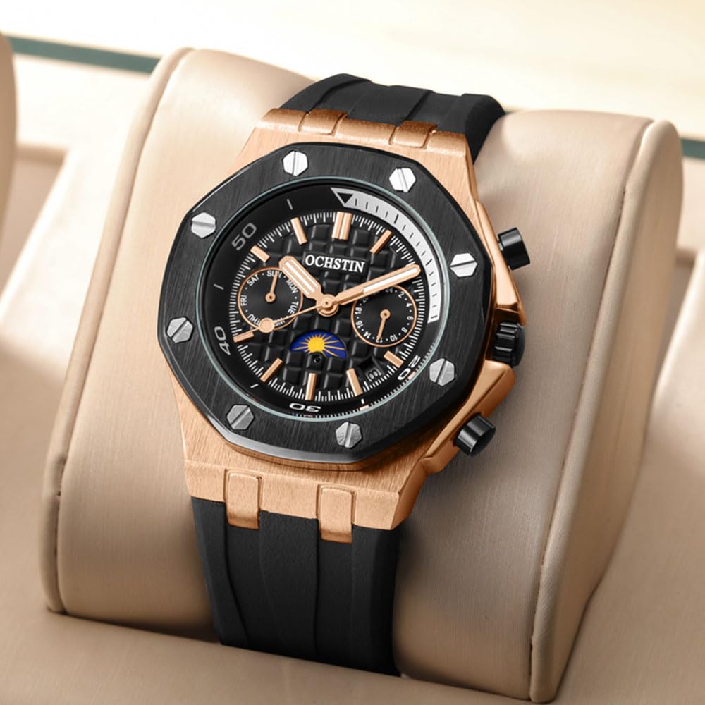 Modische Sportliche Mechanische Uhren Herren-Automatikuhr Mit Mondphase, Wochenkalender, Wasserdicht Tourbillon Armbanduhr, Silikonarmband Und Leuchtzeigern