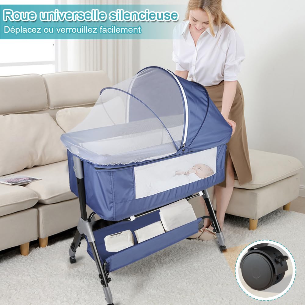 WODFARR Lit Cododo 2 en 1, Lit pour Nouveau-né, 0-6 Mois, 4 Niveaux de Réglage en Hauteur, Berceau Bébé avec Matelas Confortable, Couffin, Moustiquaire (105x52x103-115 cm - Bleu Marine)