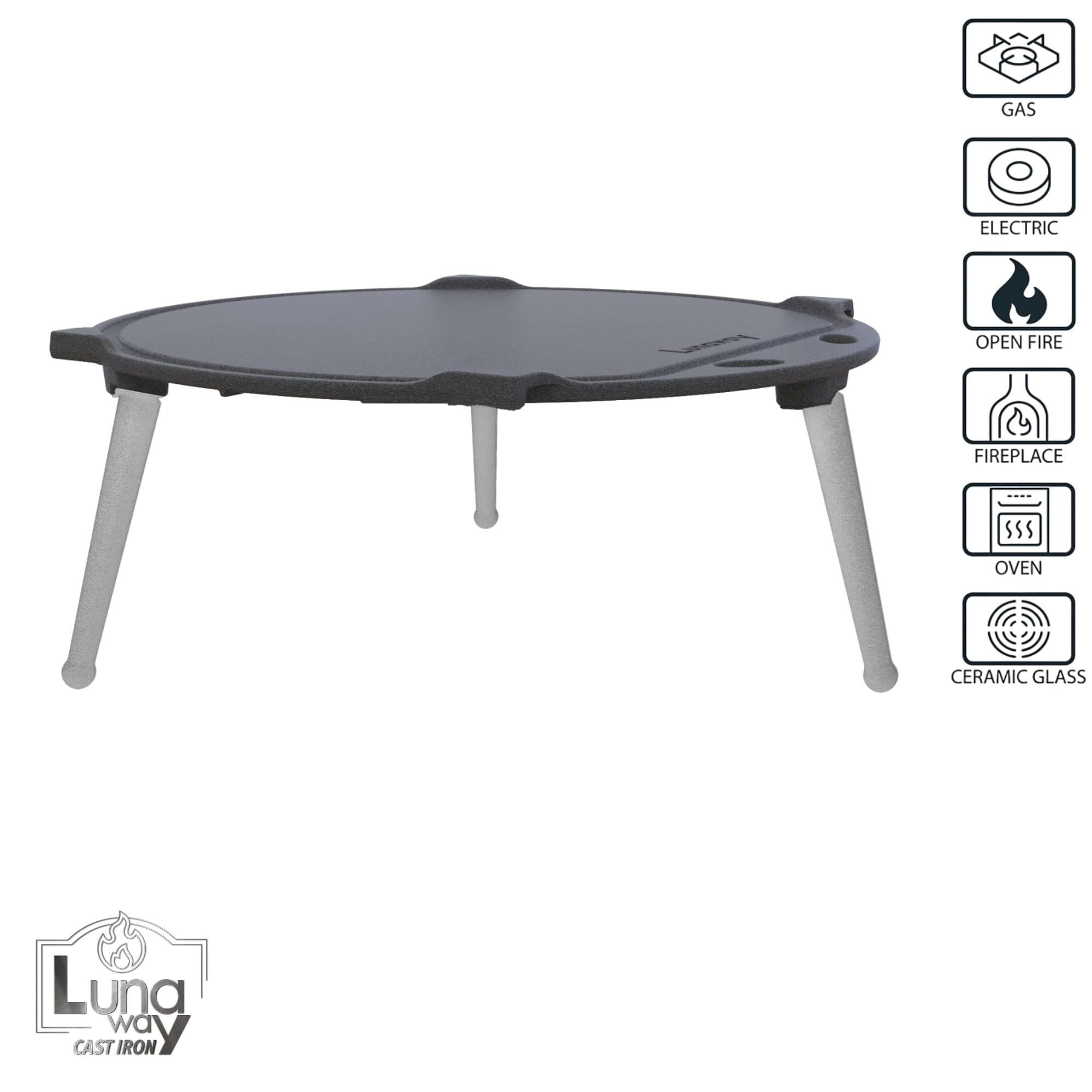 Piastra Ø30 cm in Ghisa smaltata | Per Barbecue Camino Braciere Fornelli e Fuovo vivo | Piedini Regolabili | Compatibile con Weber e similari | Doppia Smaltatura Black di LUNAWAY