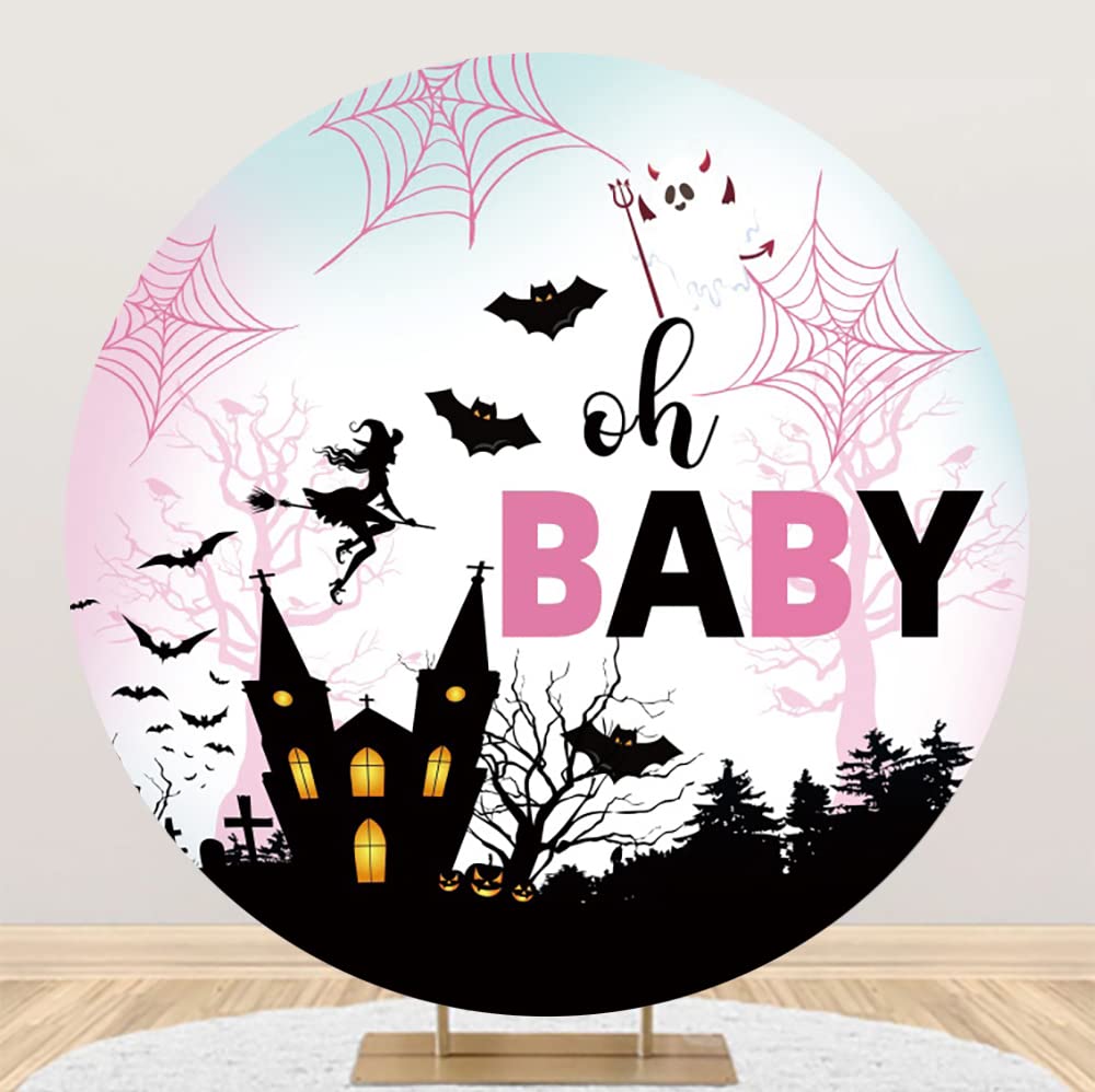 Yeele 7x7ft Halloween Theme Baby Shower Round Backdrop Polyester Haunted House Witch Bat Spider Web Oh Baby Photography Background for Girls Baby Shower Party Decor Supplies Photo Shoot Props