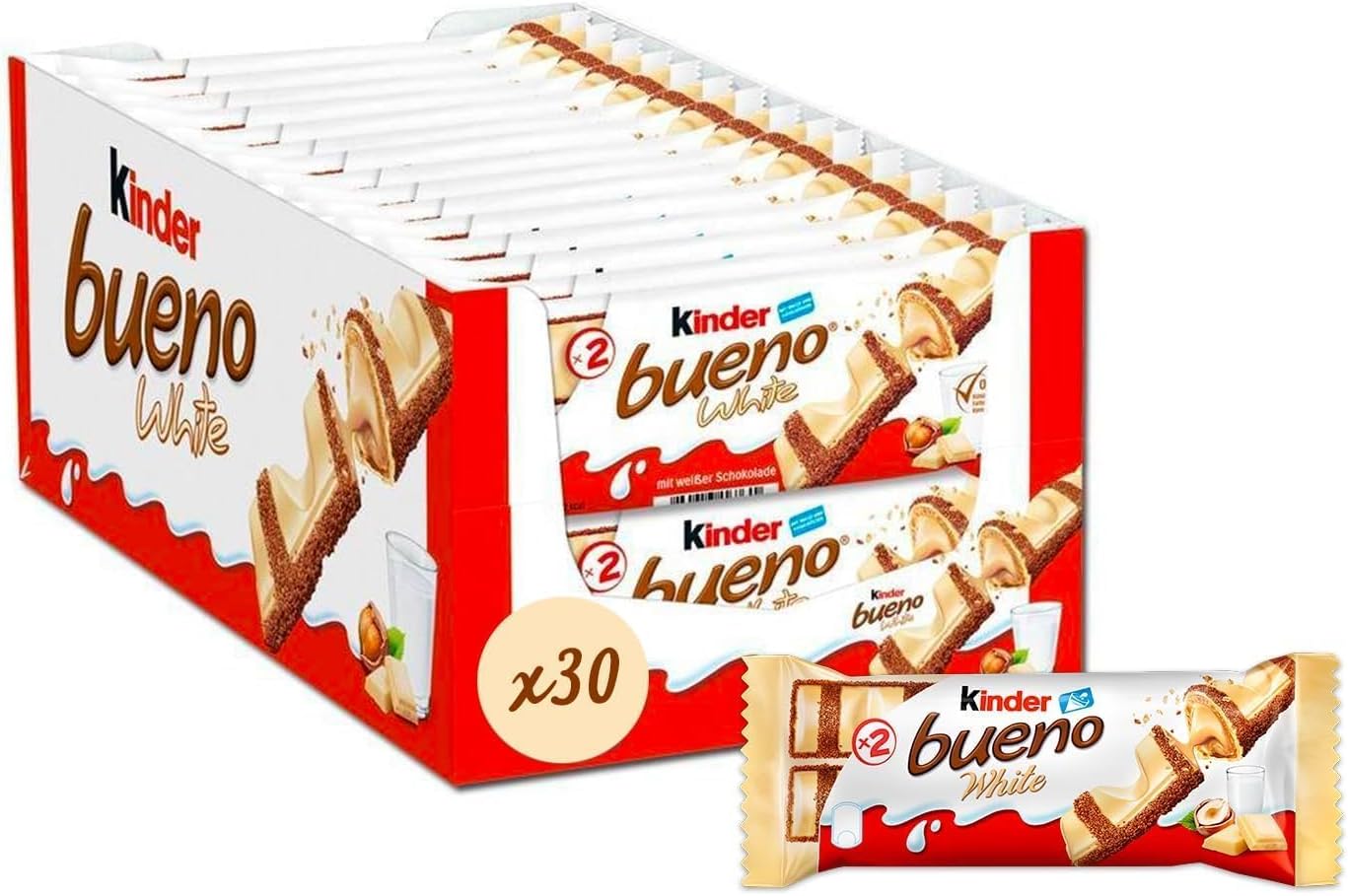 Kinders Bueno White Chocolate With Crunchy Hazelnut Pieces, Each 39 Grams Individually Wrapped (Pack of 30) (Imported Italy)