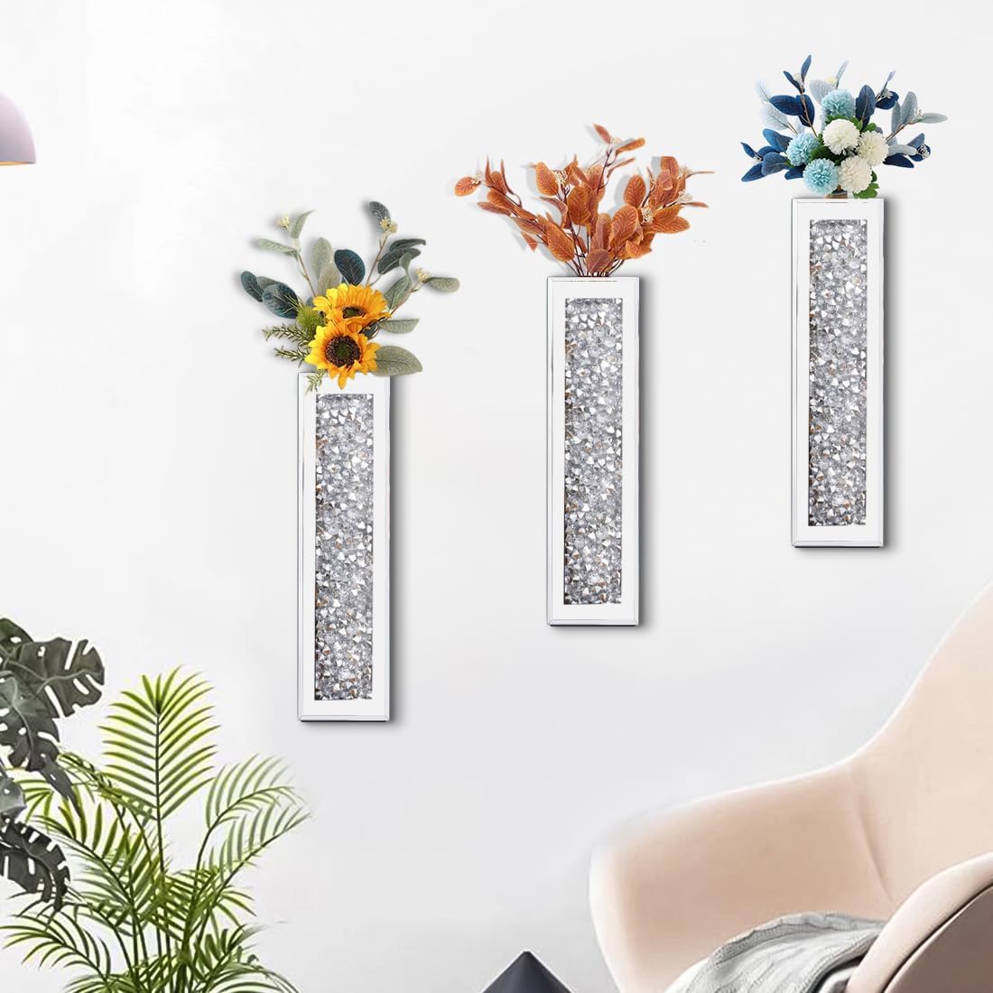Silver wall Decor Mirrored Vase Set of 3,Crystal Crush Diamond Flower Vase,Stunning Decorative Glass Hanging Planter & Container for Home Wall Decor.Befit for Faux Plants.Can't Hold Water.