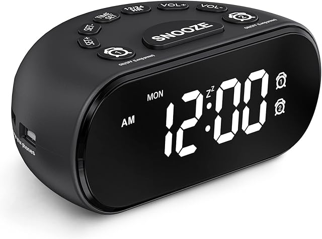 REACHER LED Digital Alarm Clock with 2 USB Ports, Dual Alarm with 5 Volume Adjustable Natural Sounds, 0-100% Dimmer, Snooze, 12/24 Hours, Big Digits, Small Size for Bedside Desk(No Plug)