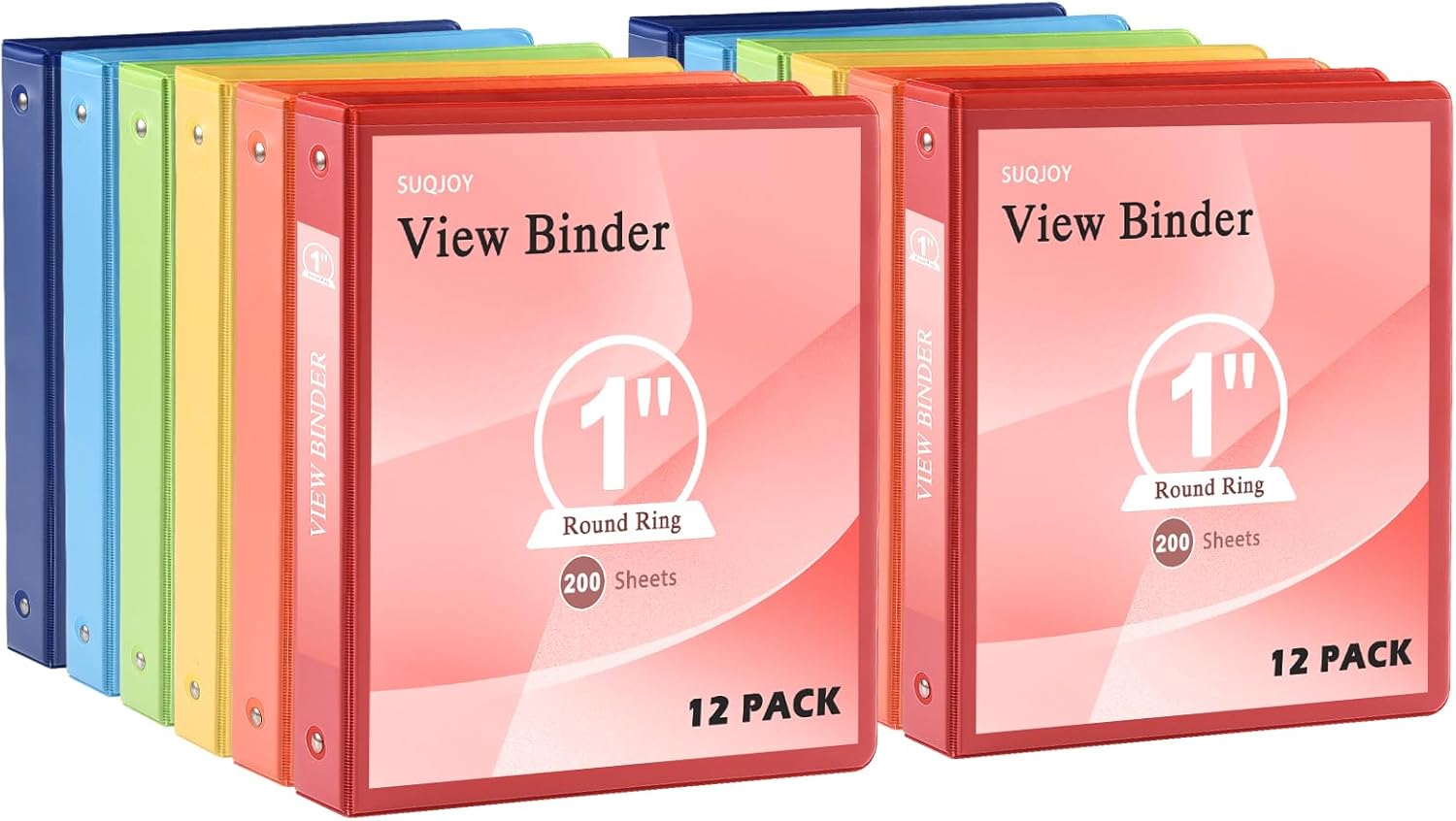 SUQJOY 3-Ring Binder, 1 Inch Round Ring, Clear View Cover with 2 Inside Pockets, PVC-Free, Assorted Colors Binders, Holds 8.5 x 11 Inch Paper, 12 Count