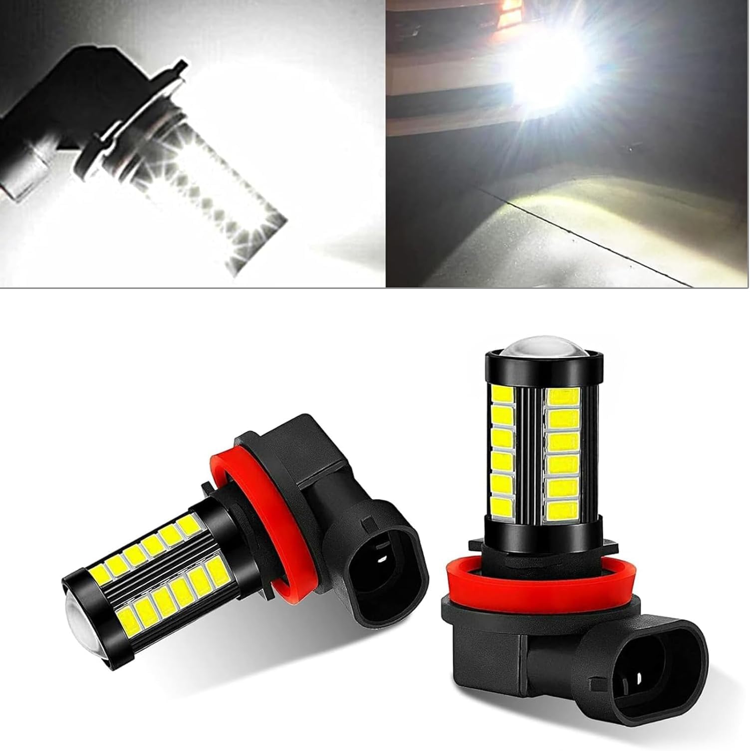 2 PCS Car H11/H8 LED Fog Light Bulb, 2.1" x 0.7" x 1.1" 5630SMD 360 Degree Bright Anti-fog Light Bulb, 6500K 50000H Plug and Play DRL Forward Light Bulb Replacement, Universal for Cars (White)