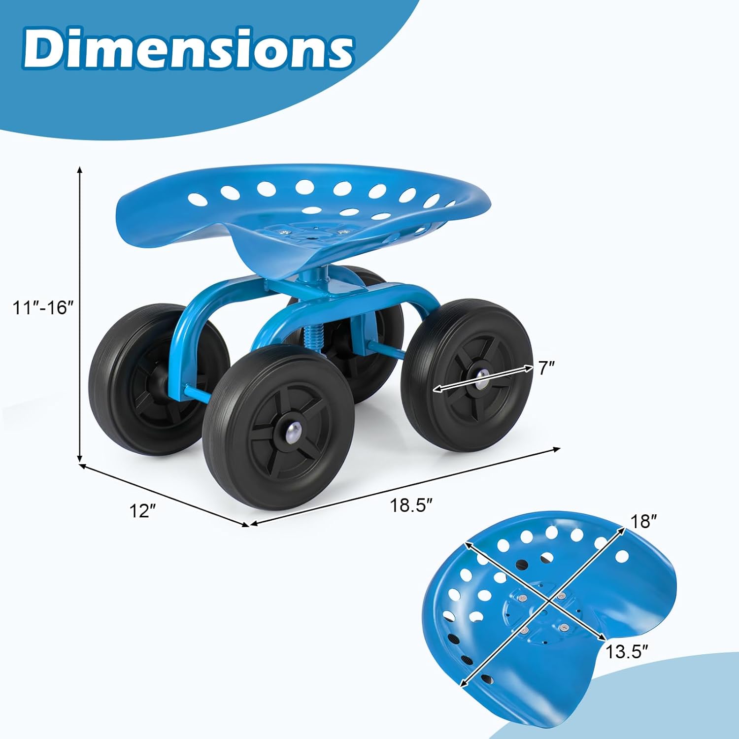 ERGOMASTER Garden Seat with Wheels, Adjustable Height & 360° Swivel, Iron Frame, Blue